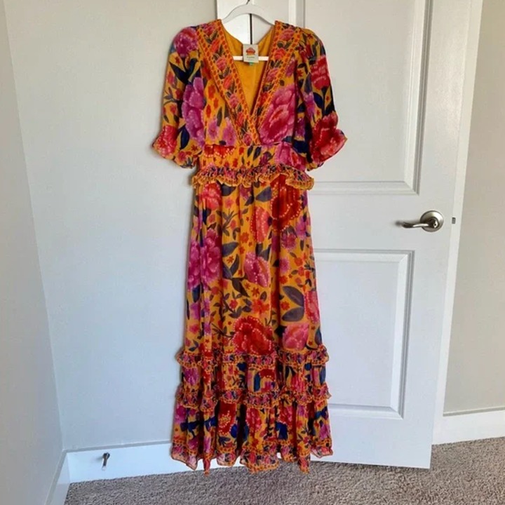 Farm Rio V-Neck Floral Puff Sleeve Ruffle Trim Party Vacation Tier Maxi Dress