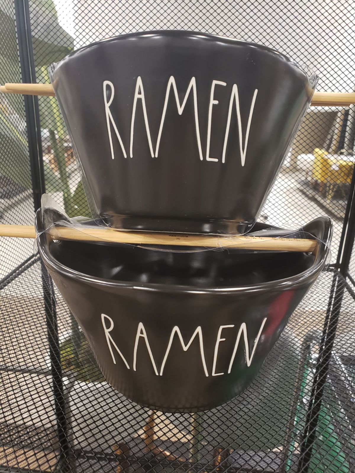 RAE DUNN TWO BLACK RAMEN BOWLS WITH CHOPSTIX