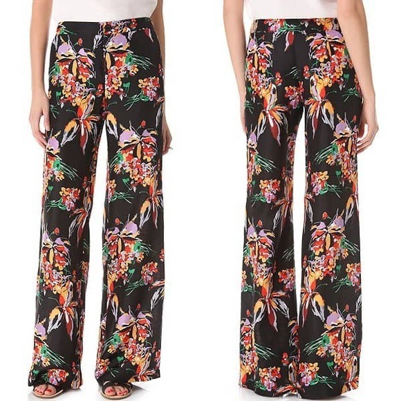 DEREK LAM 100% Silk Floral Wide Leg Pants 10