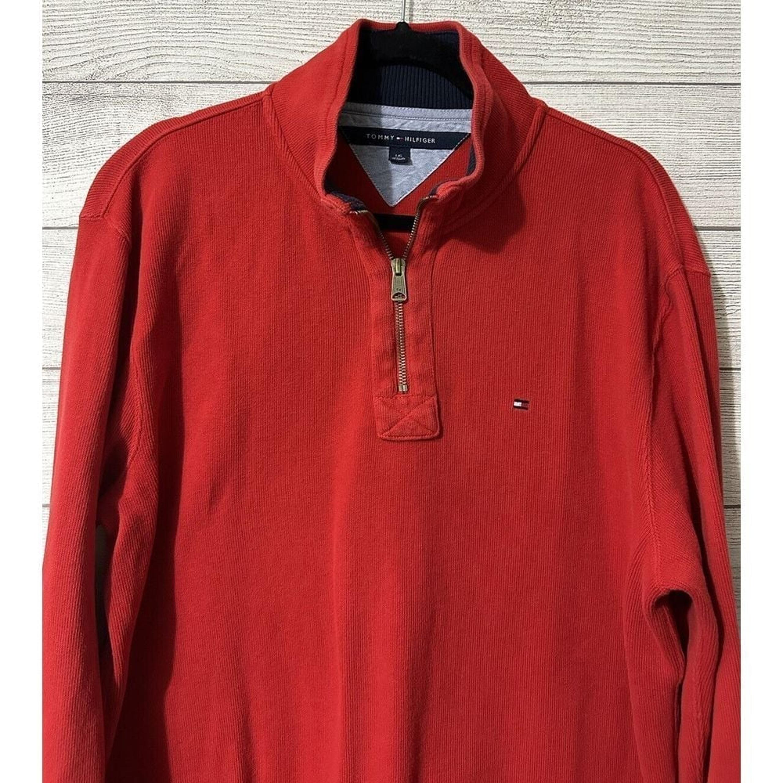 Tommy Hilfiger 1/4 Zip Pullover Sweater Mens Size Large Red Casual Cotton Logo