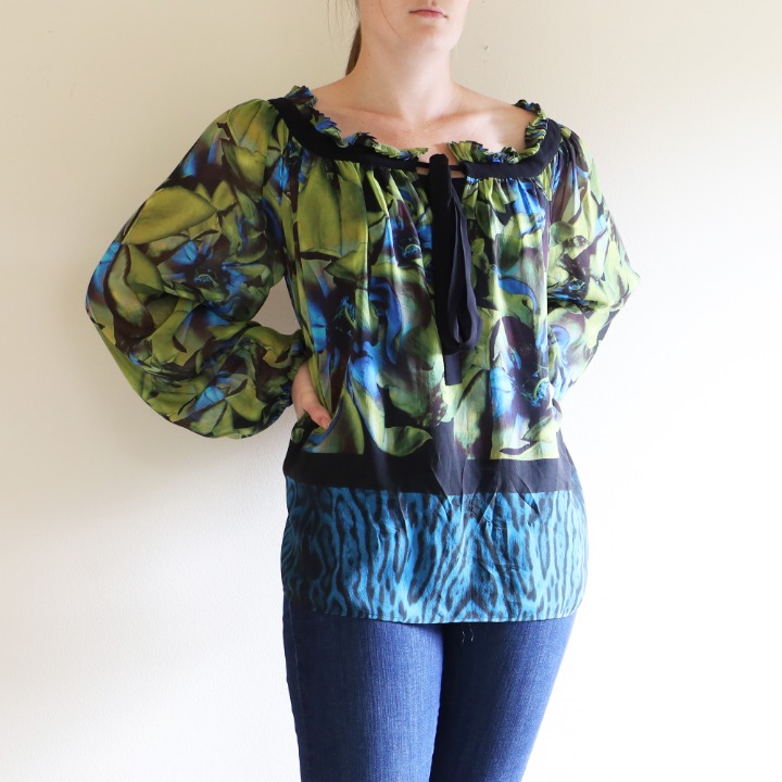 Roberto Cavalli Blue and Green Floral Chiffon Blouse