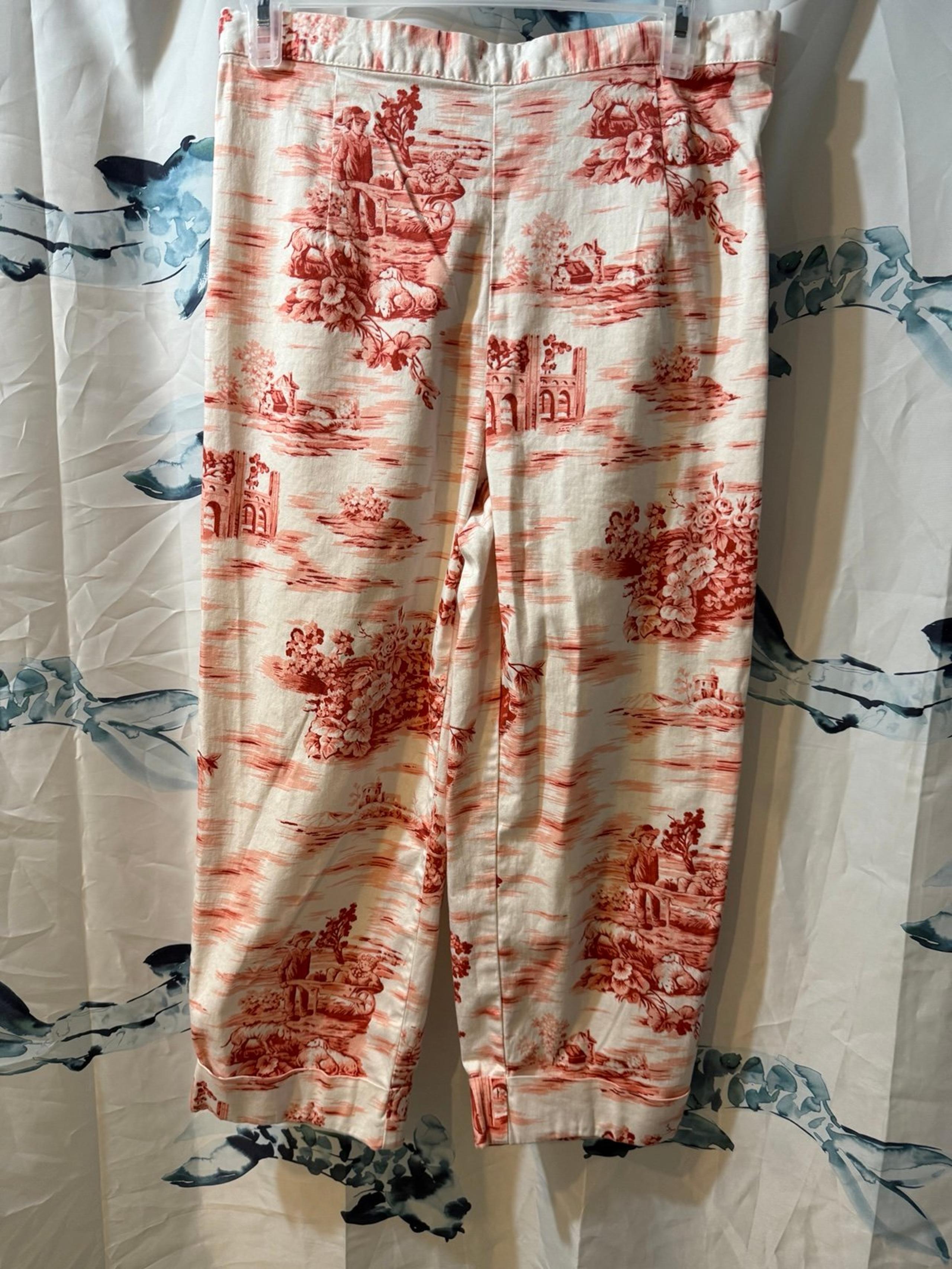 Vintage Bill Blass Fishing Scene Flat Front Scarlet Red Stretch Capri Pants 8