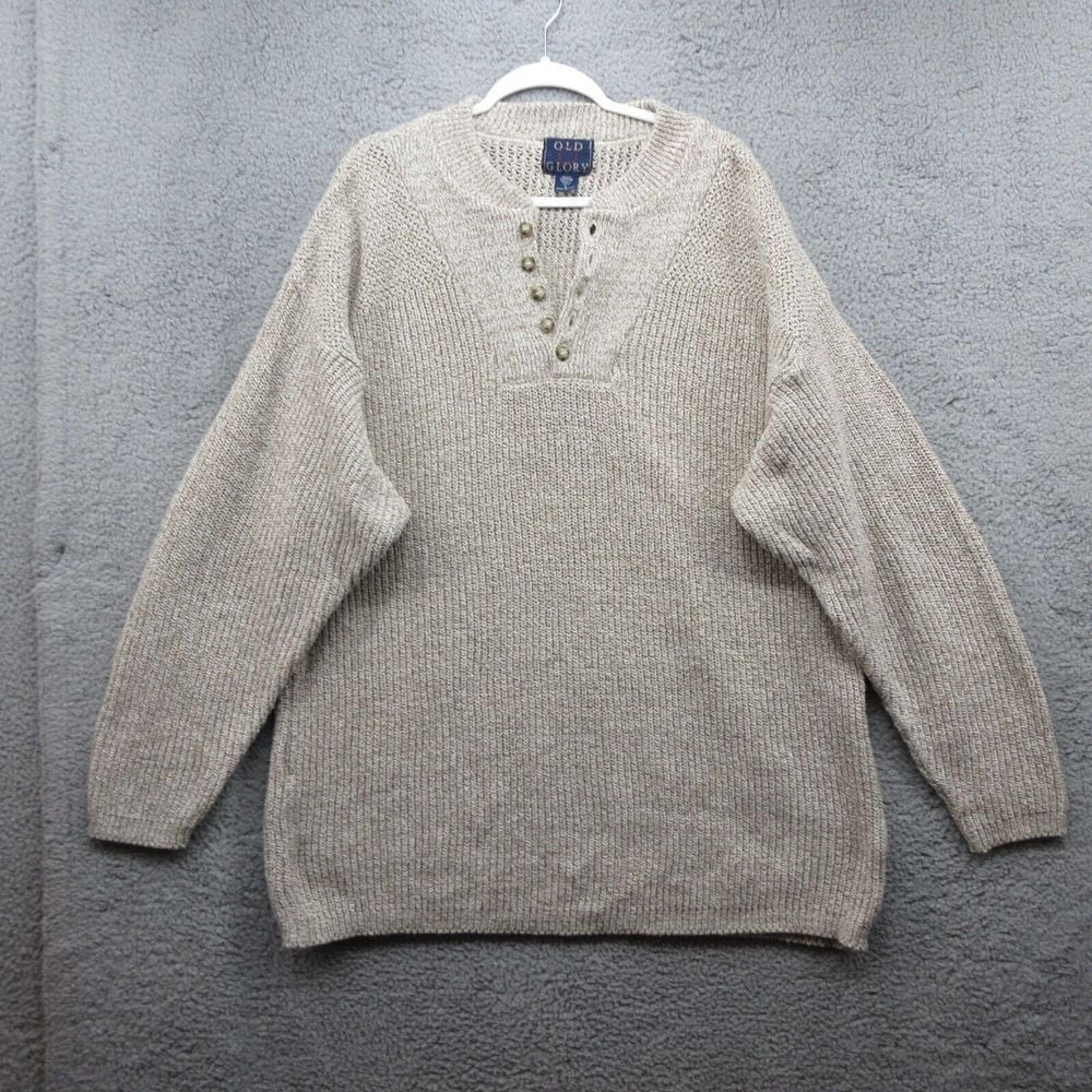 Old Glory Vintage Henley Sweater Mens L Oatmeal Beige Cotton Ribbed Made In USA