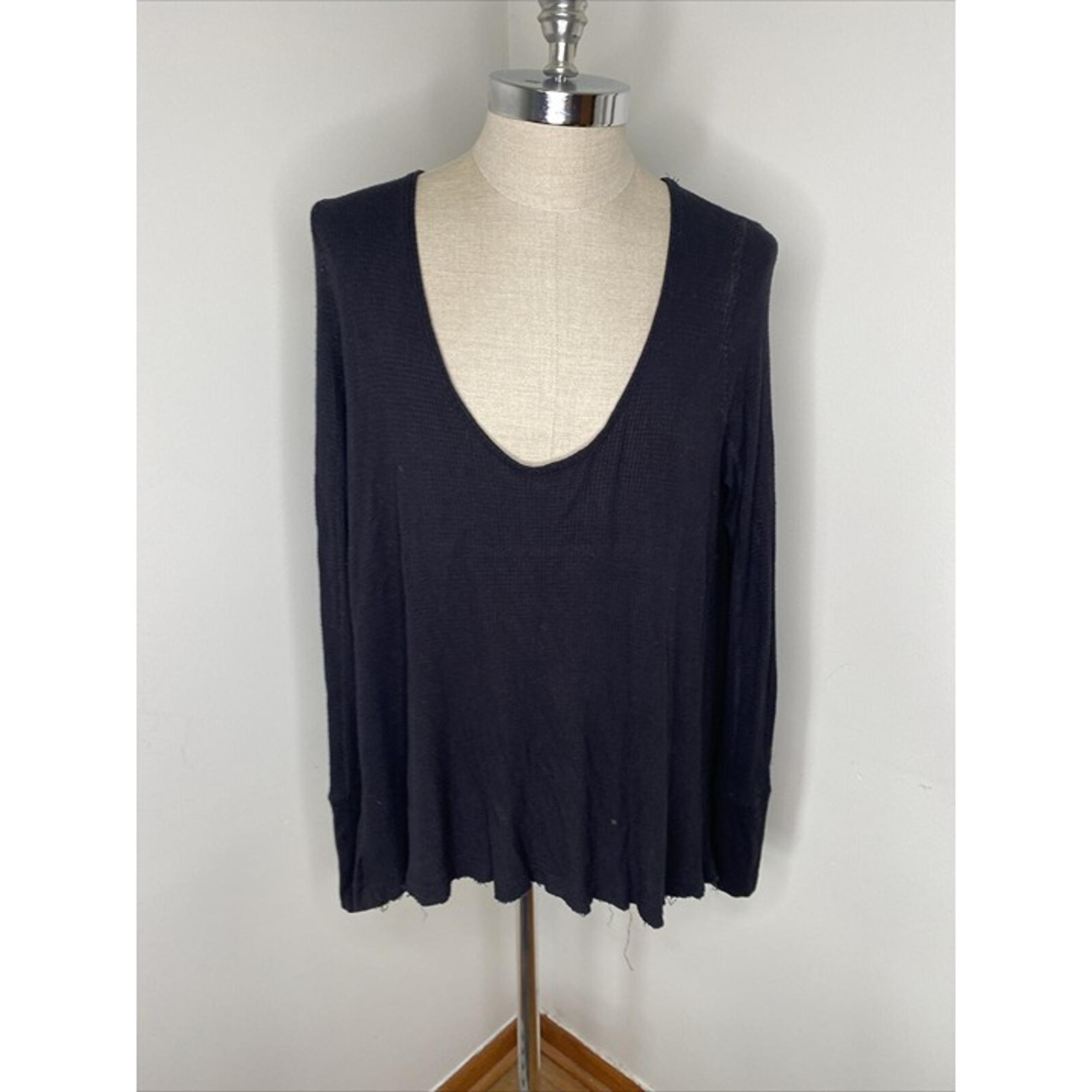 We The Free Black Tunic top Long Sleeve Shirt L Oversized Waffle Knit Raw Hem