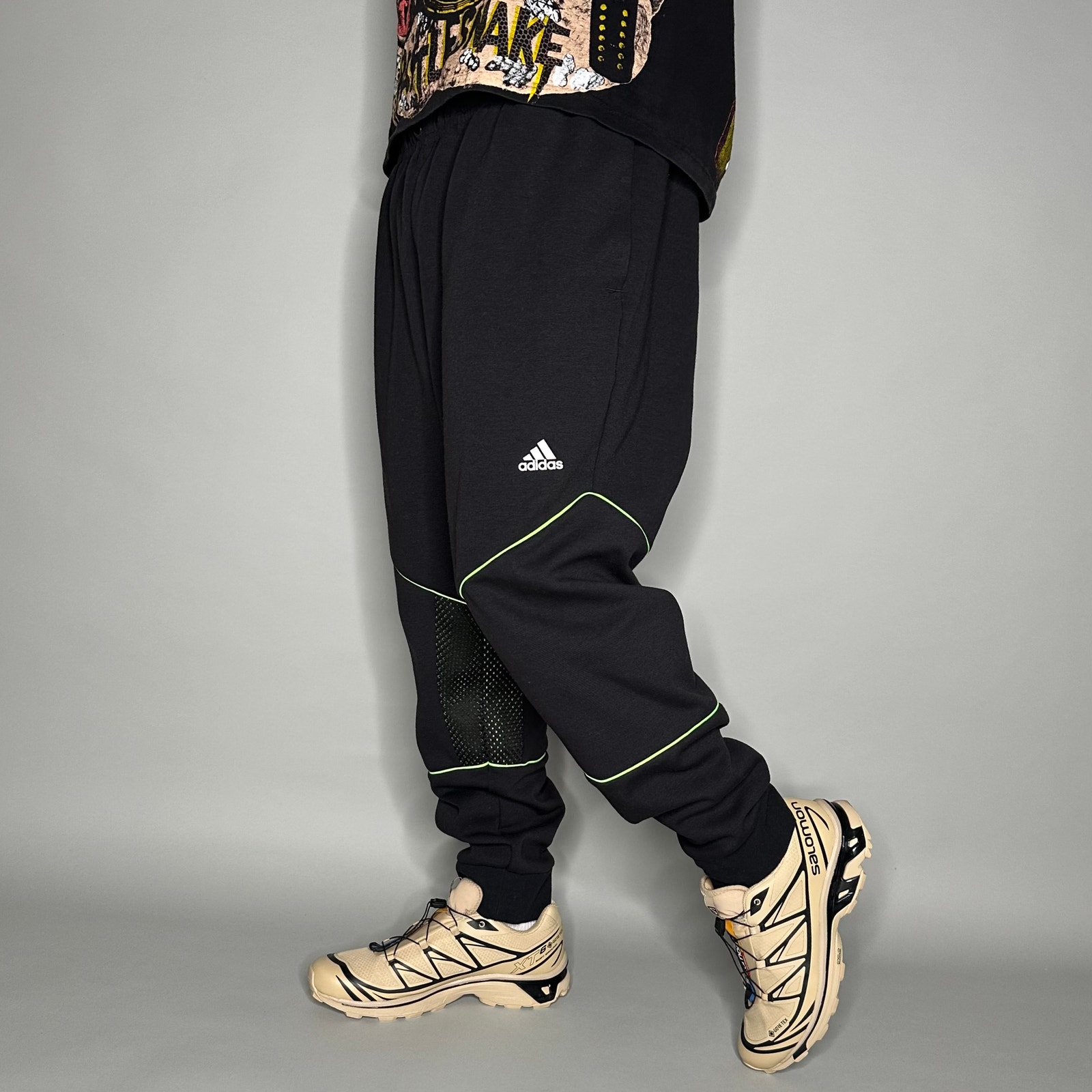 Adidas Sweatpants Jet Black Cotton Joggers White Logo Green Accents