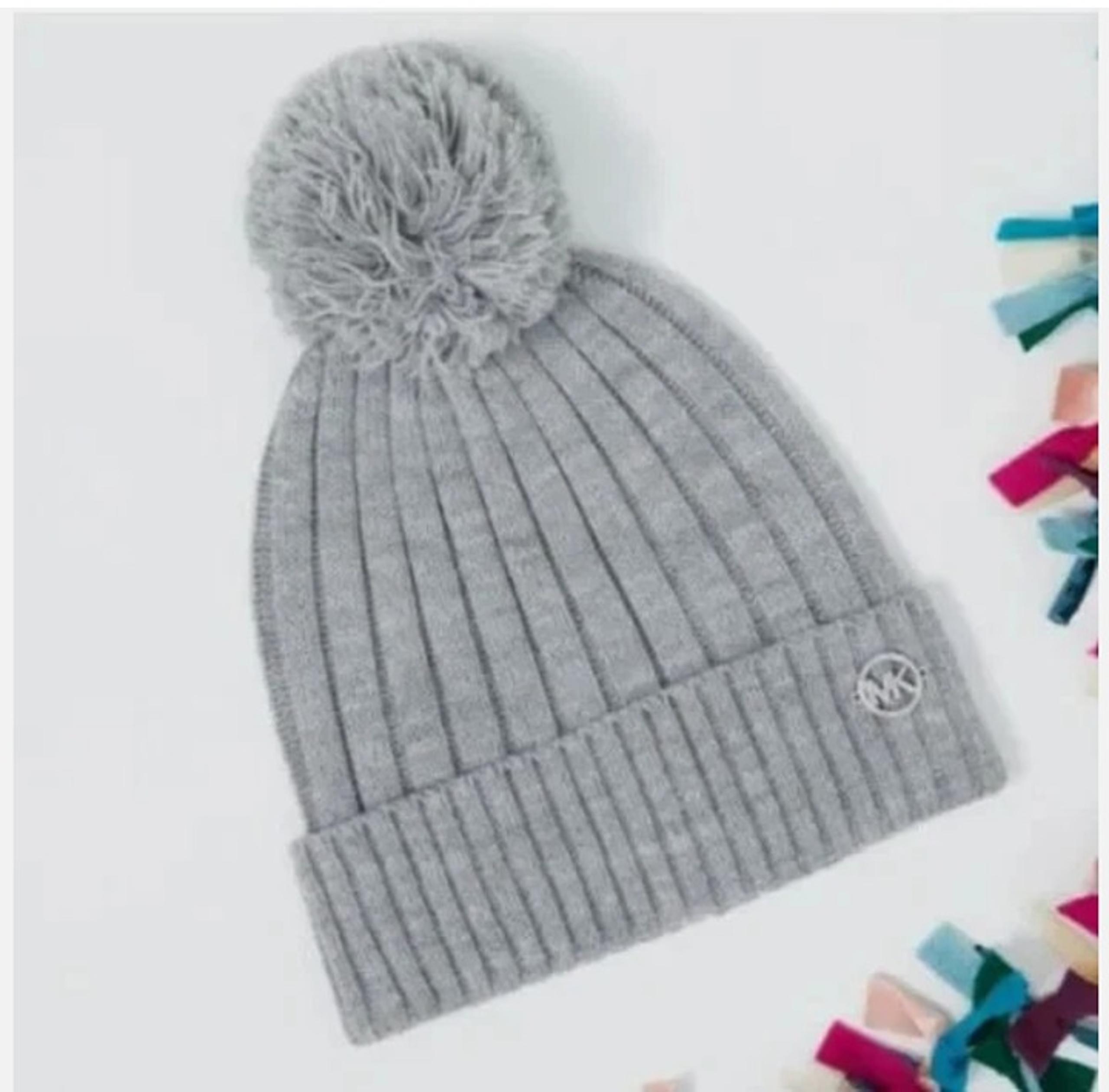 Michael Kors Pom-pom Knit Beanie Women's Hat In Grey One Size Emblem Logo New