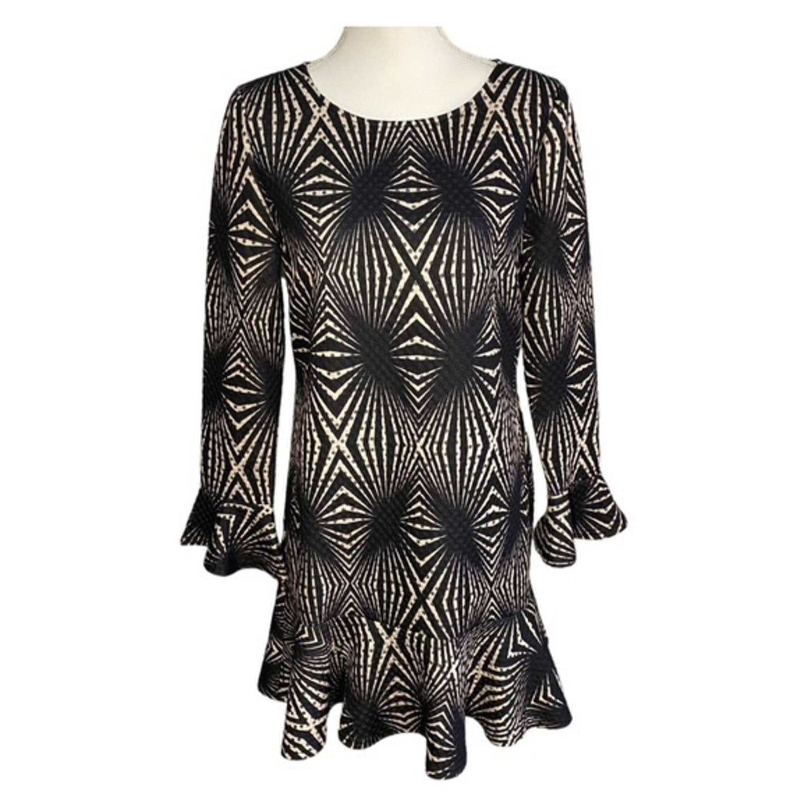 Aryeh Women's Large Textured Fabric Flare Sleeves Retro Geometric Mini Dress