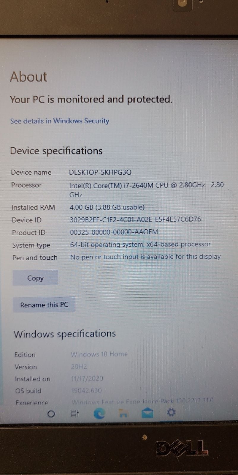 DELL Laptop I7 2.80GHz 4gb Ram