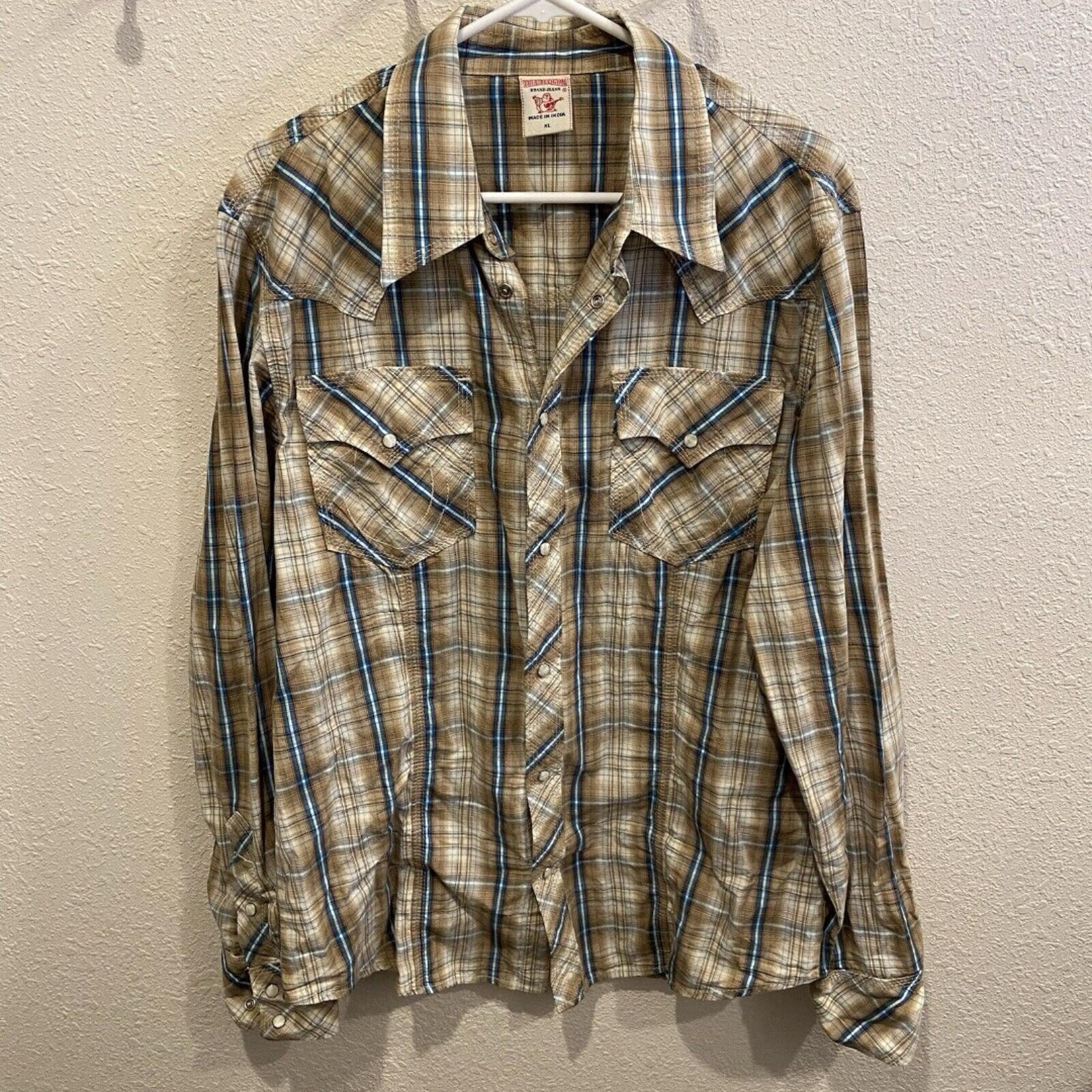 True Religion Pearl Snap Button Shirt Men's XL Brown Blue Long sleeve