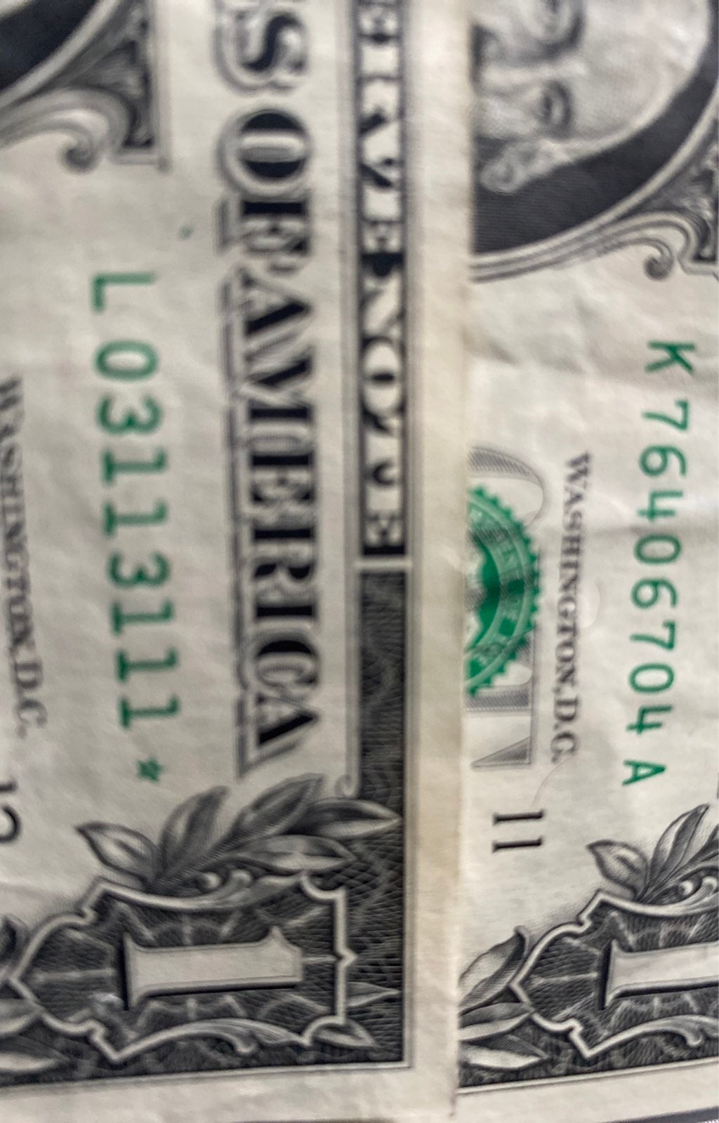 2017 TWO ONE DOLLAR BILLS Repeater SERIAL AND STAR NOTE