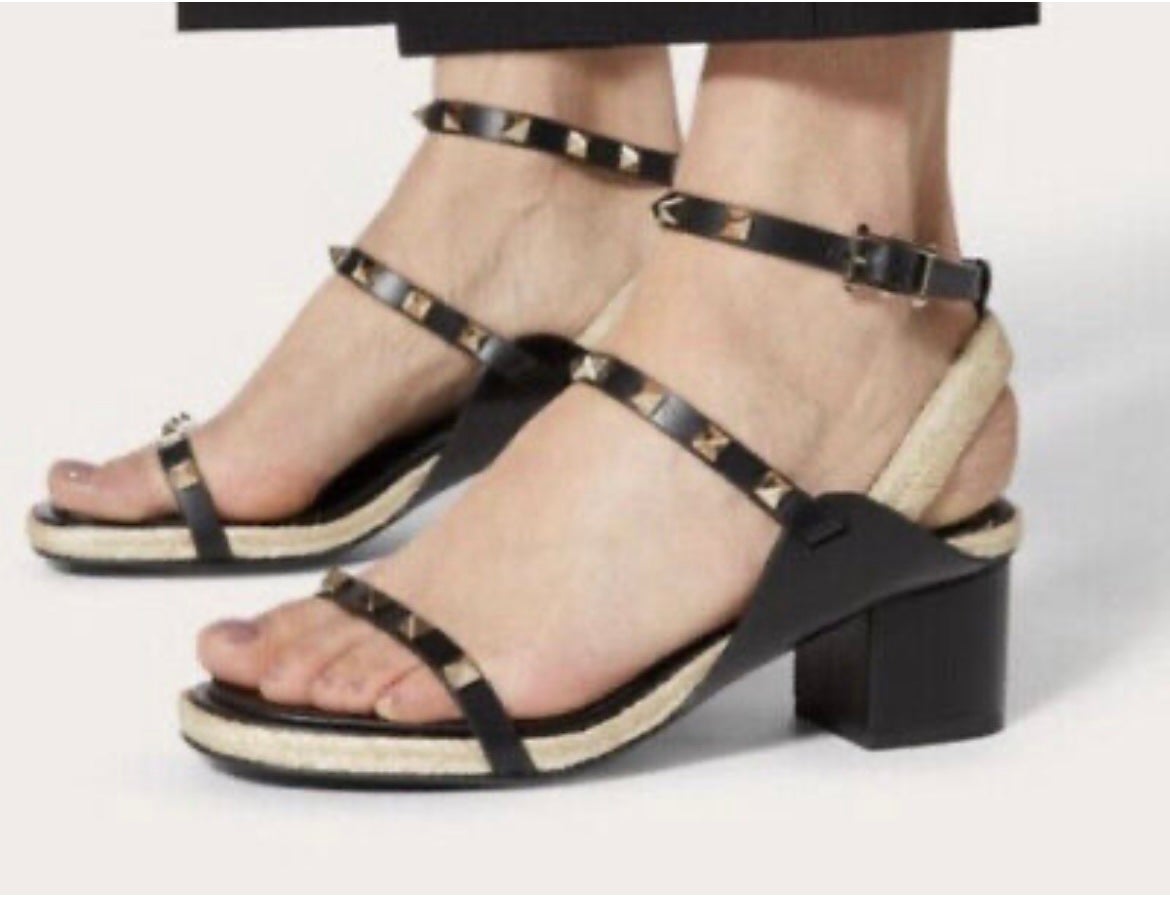 VALENTINO GARAVANI Rockstud Sandals Strappy Block Heel Black Slide Slingback 39