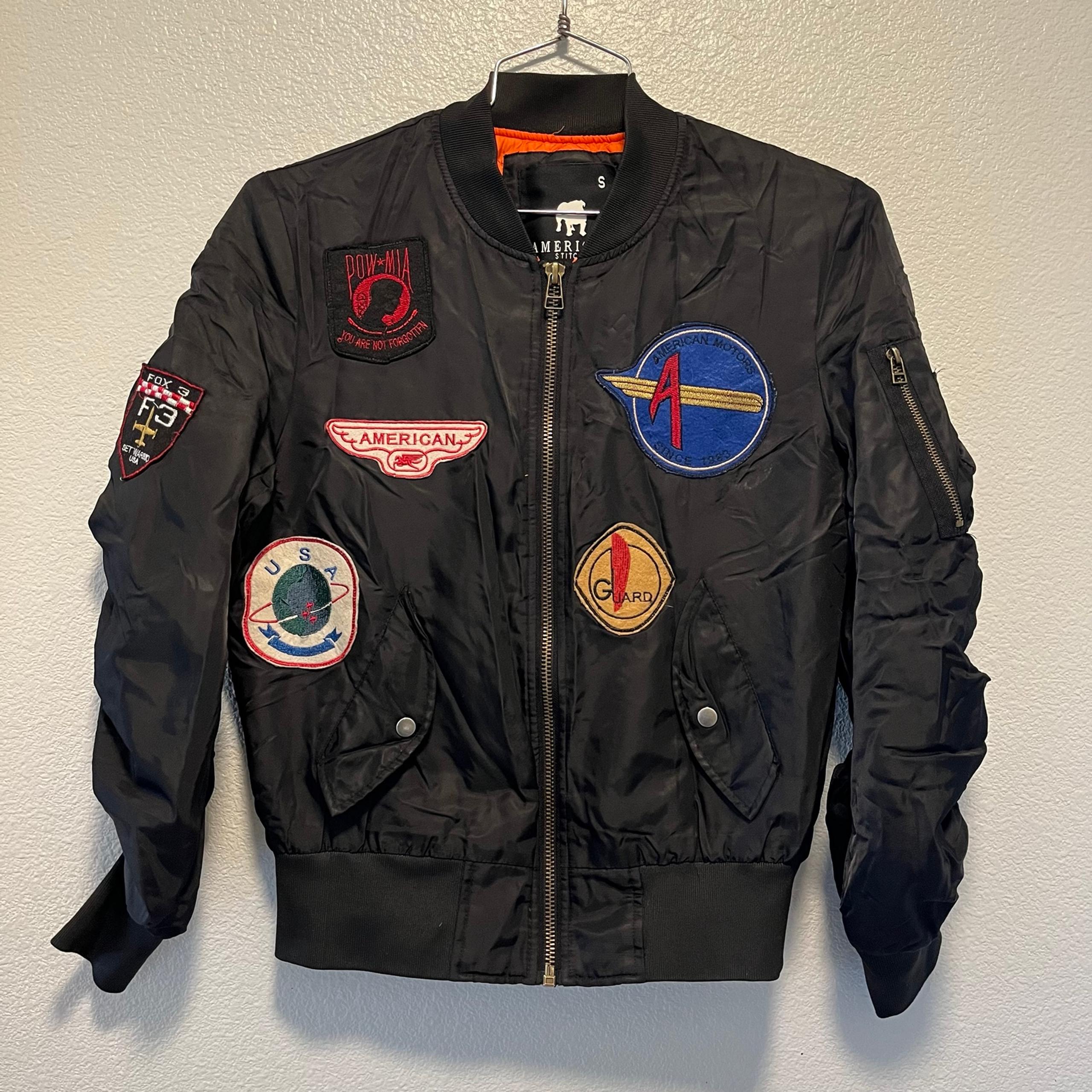 American Stitch Men Small Flight Soft Bomber Jacket Patches Military POW Black
