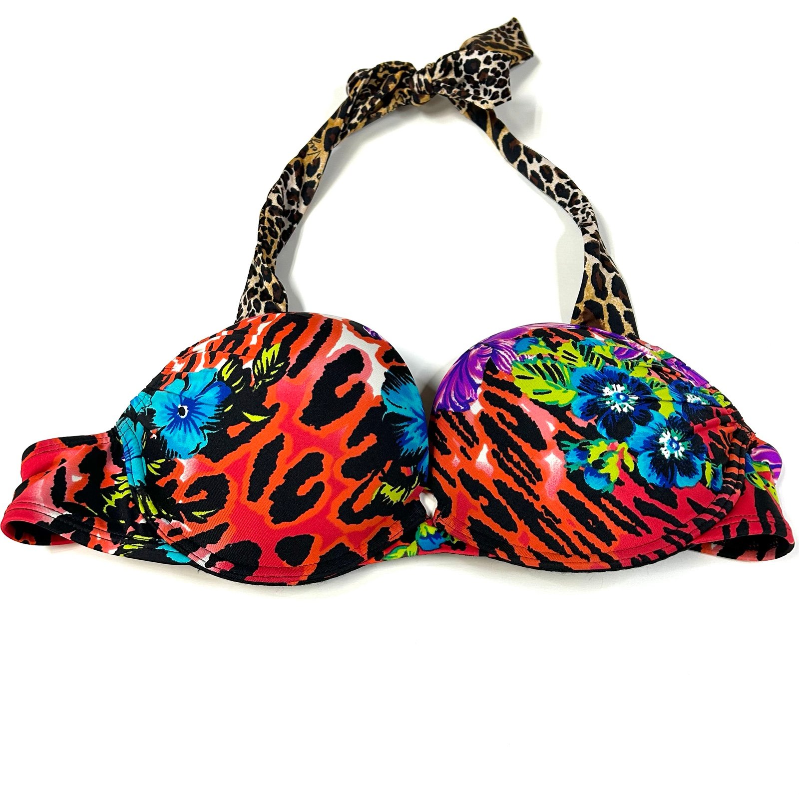 Y2K Victorias Secret 34A Bombshell Bikini Top Adds 2 Cups Floral Leopard #0026