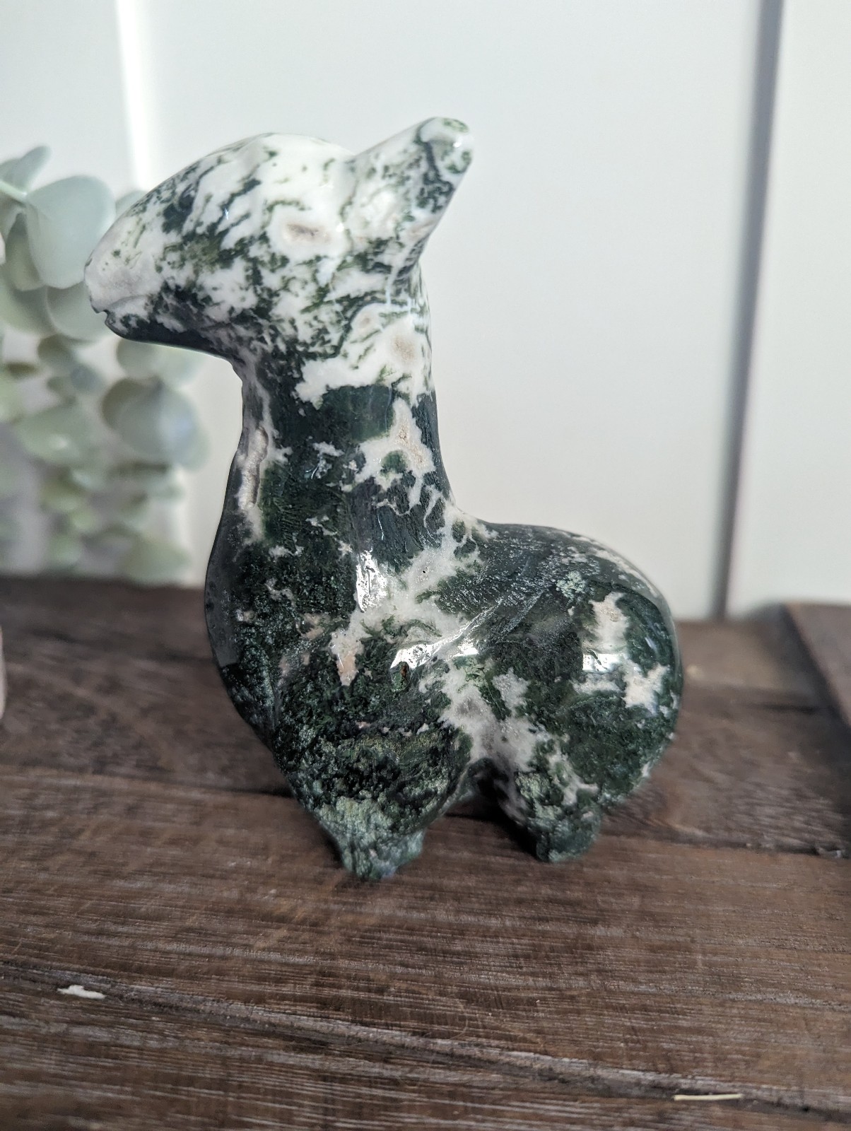 Druzy Moss agate llama carving