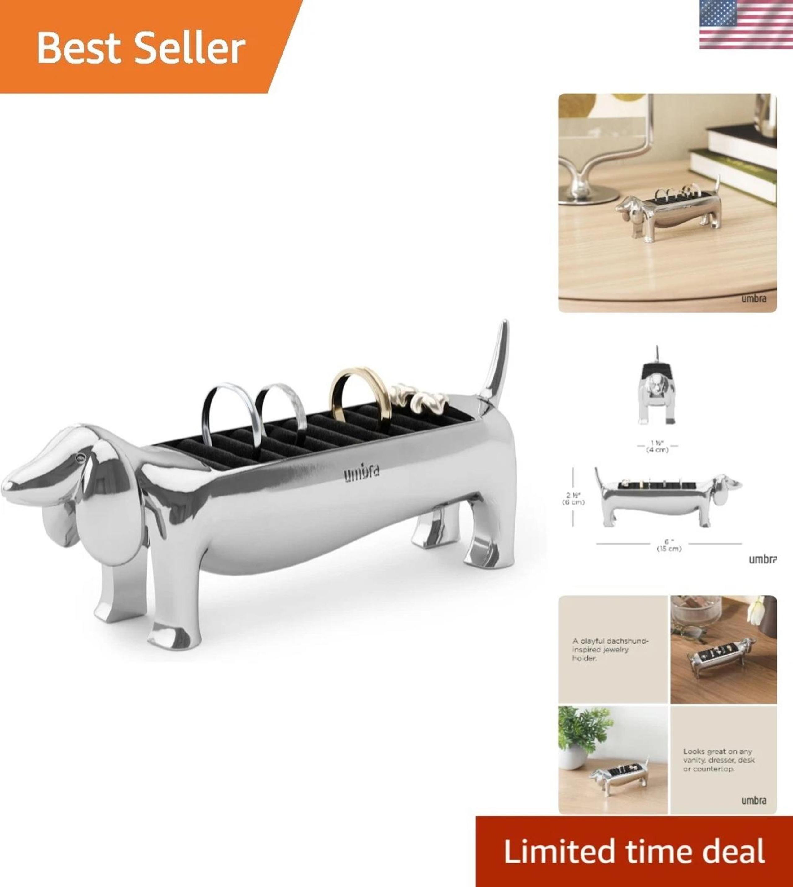 NEW SEALED Elegant Chrome Dachsie Ring Holder  Perfect for Stylish Jewelry Sto