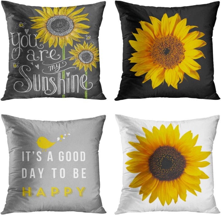 (Only Cover) Set of 4 Sunflower Pillow Covers Home Decor Decorative 18 x 18 Inch
