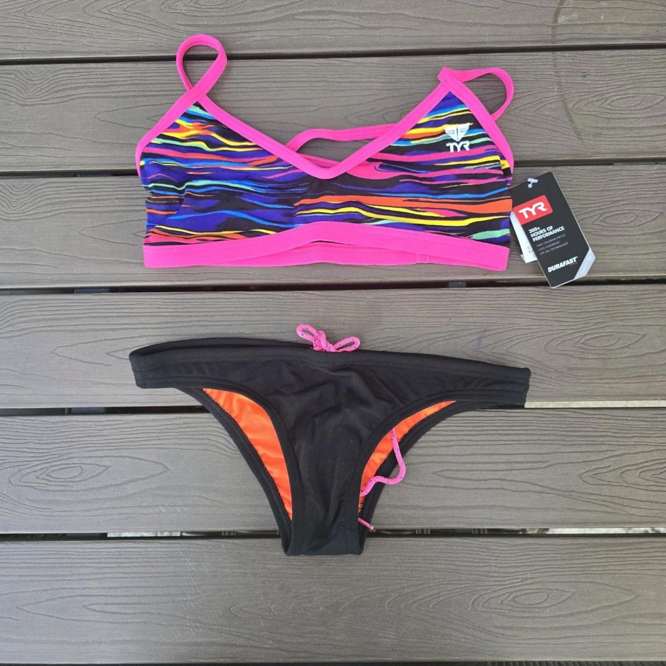 TYR Womens Fresno Striped Multicolor Trinity Top & Black Bottom Size S New