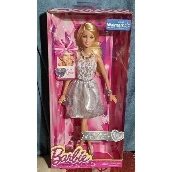 2014 Walmart APRIL DIAMOND BIRTHSTONE Blonde BARBIE Silver Dress, NRFB RARE!