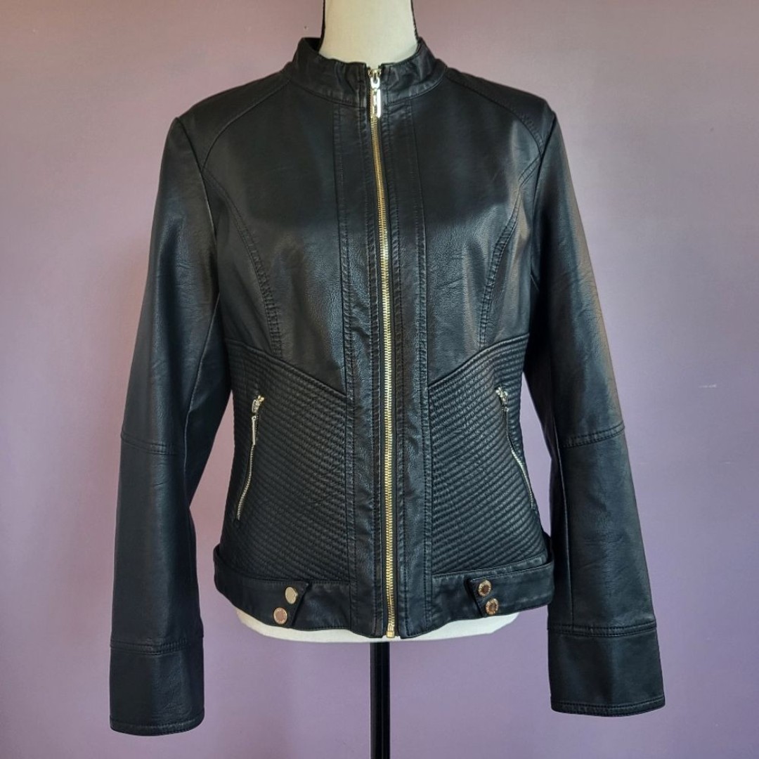Medium Made by Johnny Black Faux Leather Gold Hardware Motorcycle Zip Up Jacket