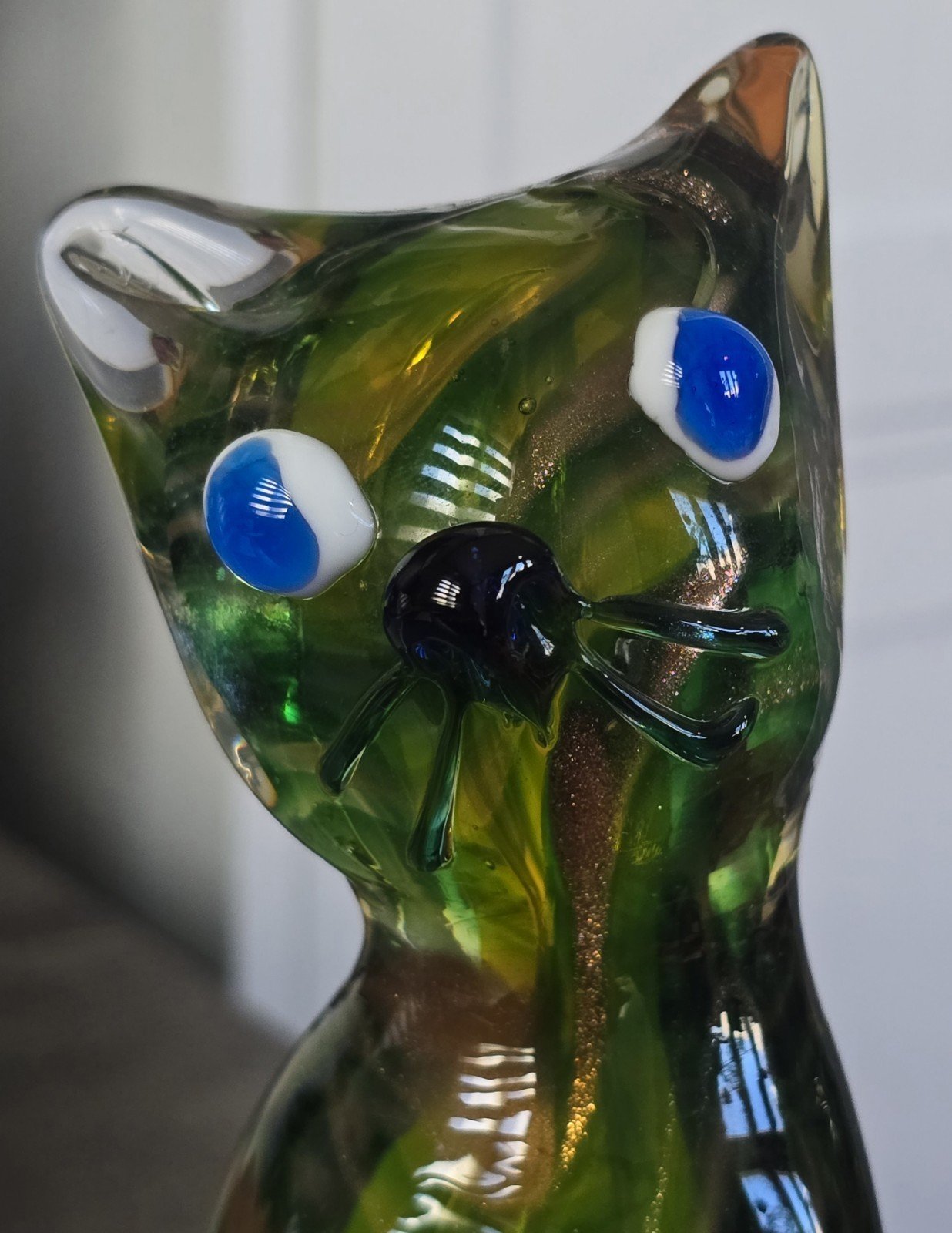 Vintage Murano Cat Art Handblown Glass Figurine - Green/Blue/Orange/Yellow
