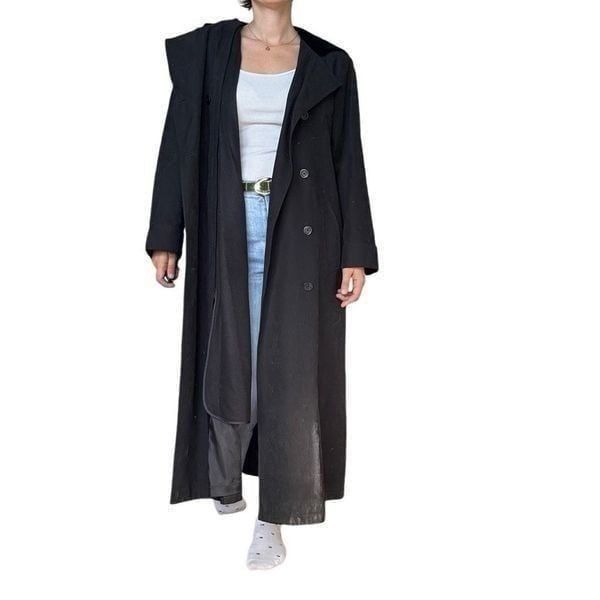 Gallery Black Maxi Trench Coat Hooded Long Women Size 10 Linen Double Breasted