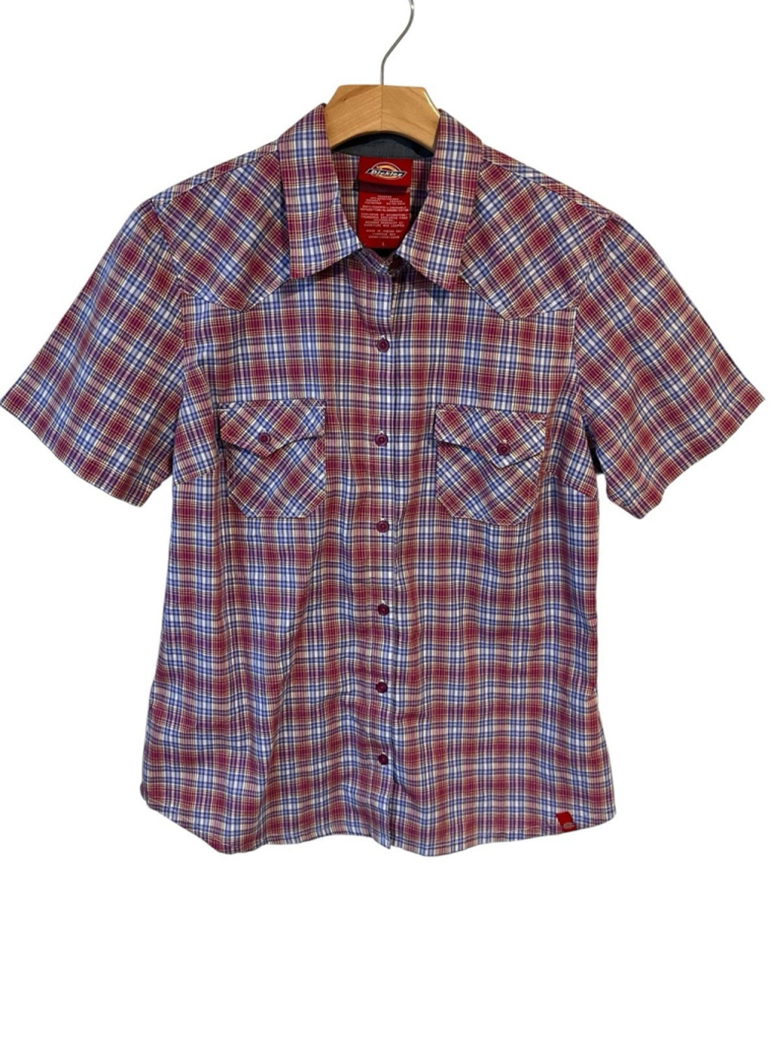 Dickies Button Up Shirt Boys Size Large Plaid Short Sleeve Pockets Western Cut