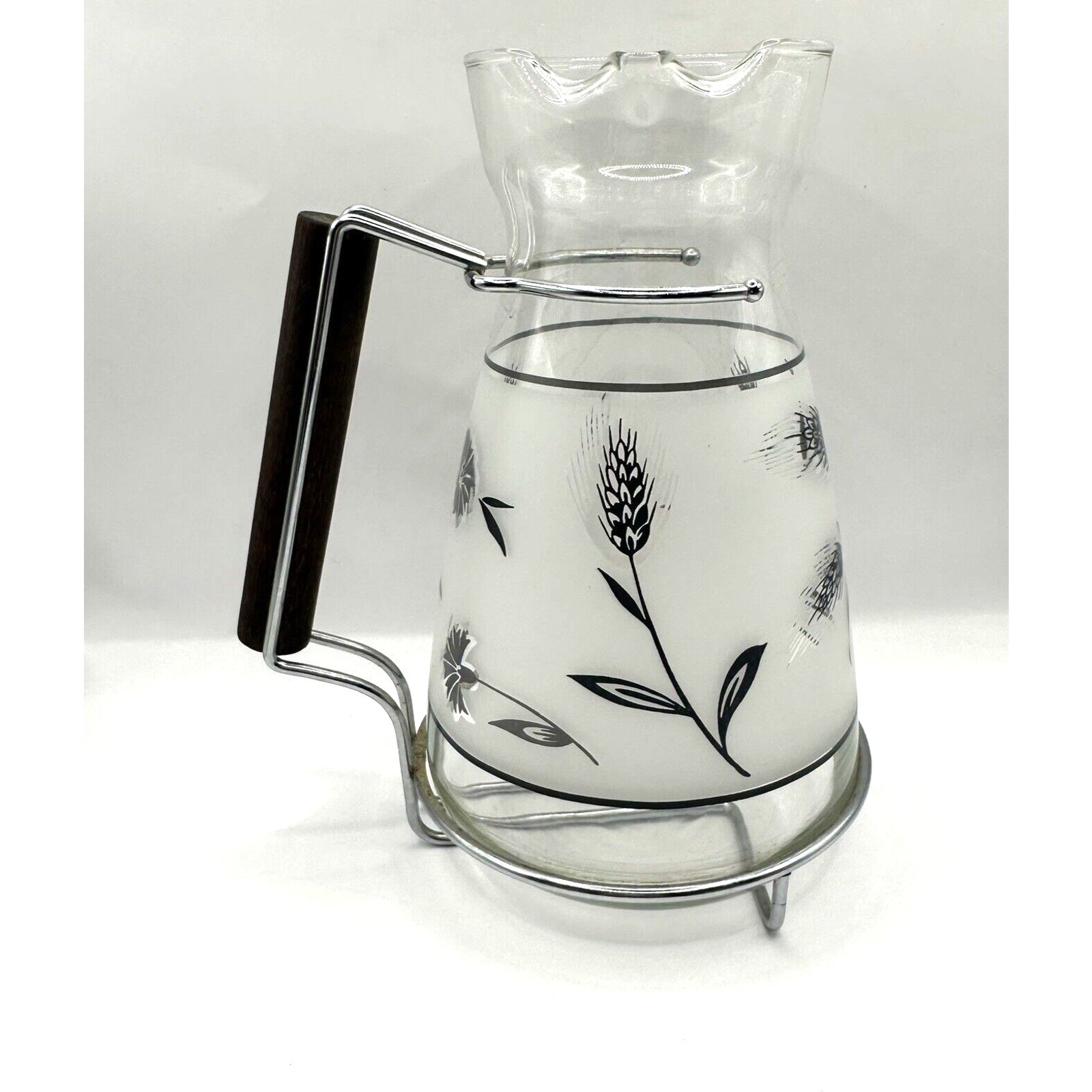 Libbey Pitcher Two Glasses Frosted Silver Leaf Teak Handle 1950's Mid-Century