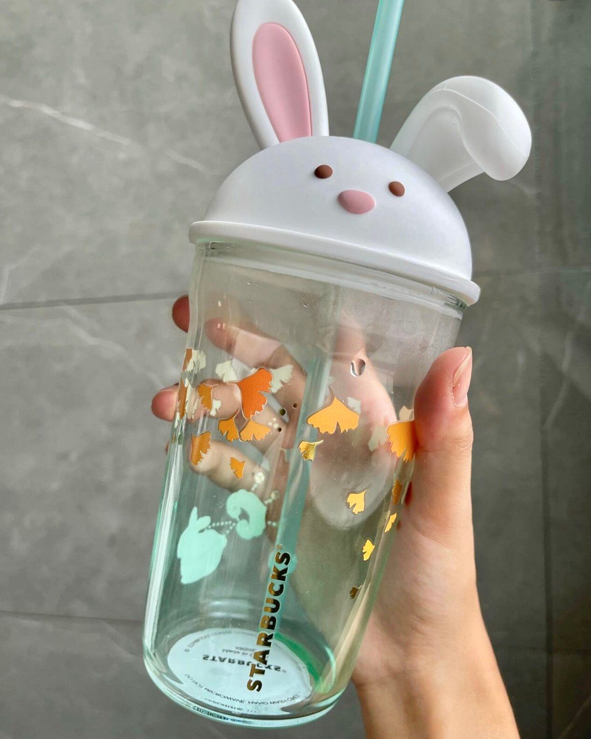 Starbucks China Autumn Leaf Cute Rabbit 16oz Glass Mug With Silicone Lid