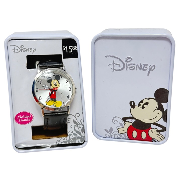 NIB Mickey Mouse 90th Anniversary Watch Silver Face Round Faux Leather Band