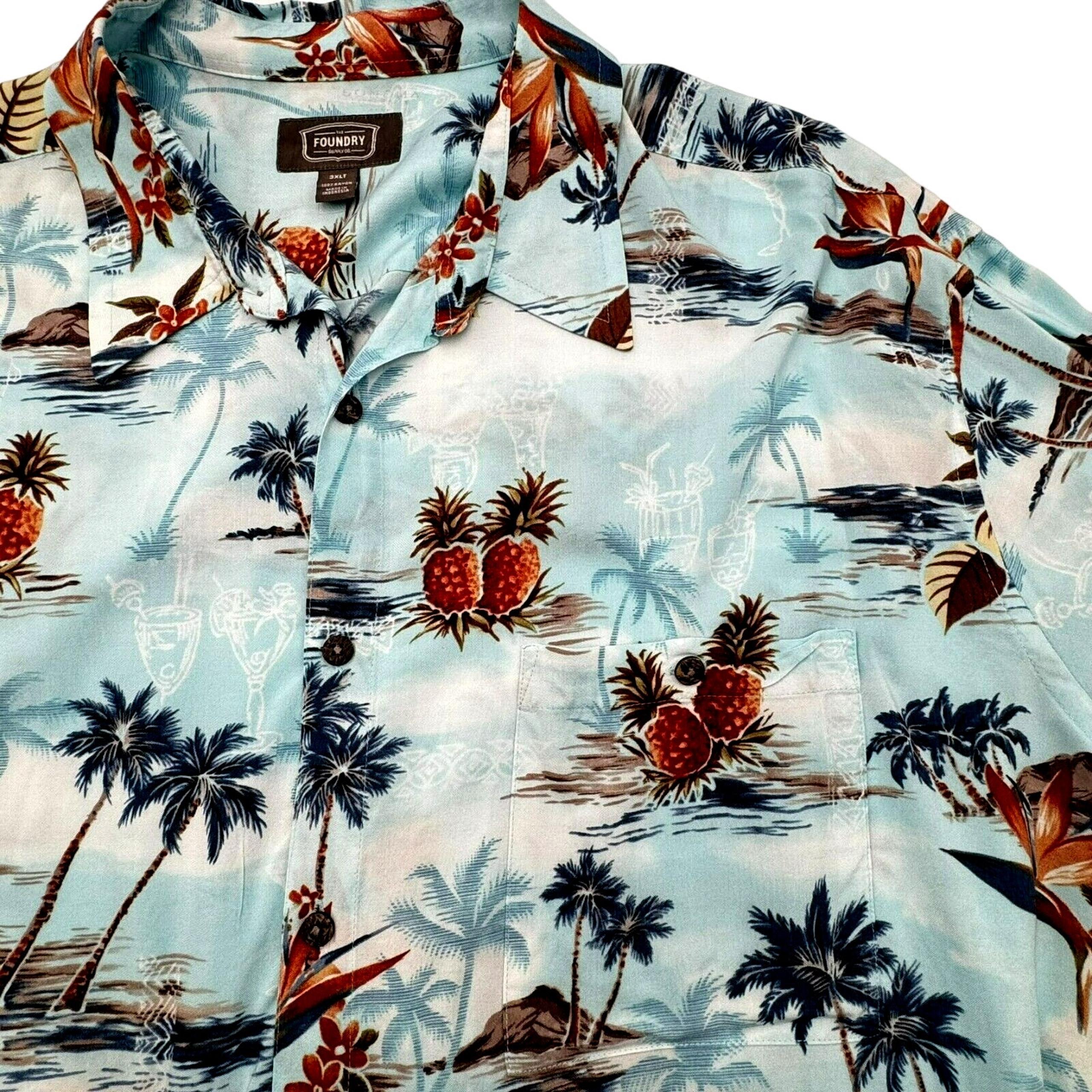 FOUNDRY Men's 3XLT Blue Orange Hawaiian Pineapple Birds Beach Floral Palm Shirt