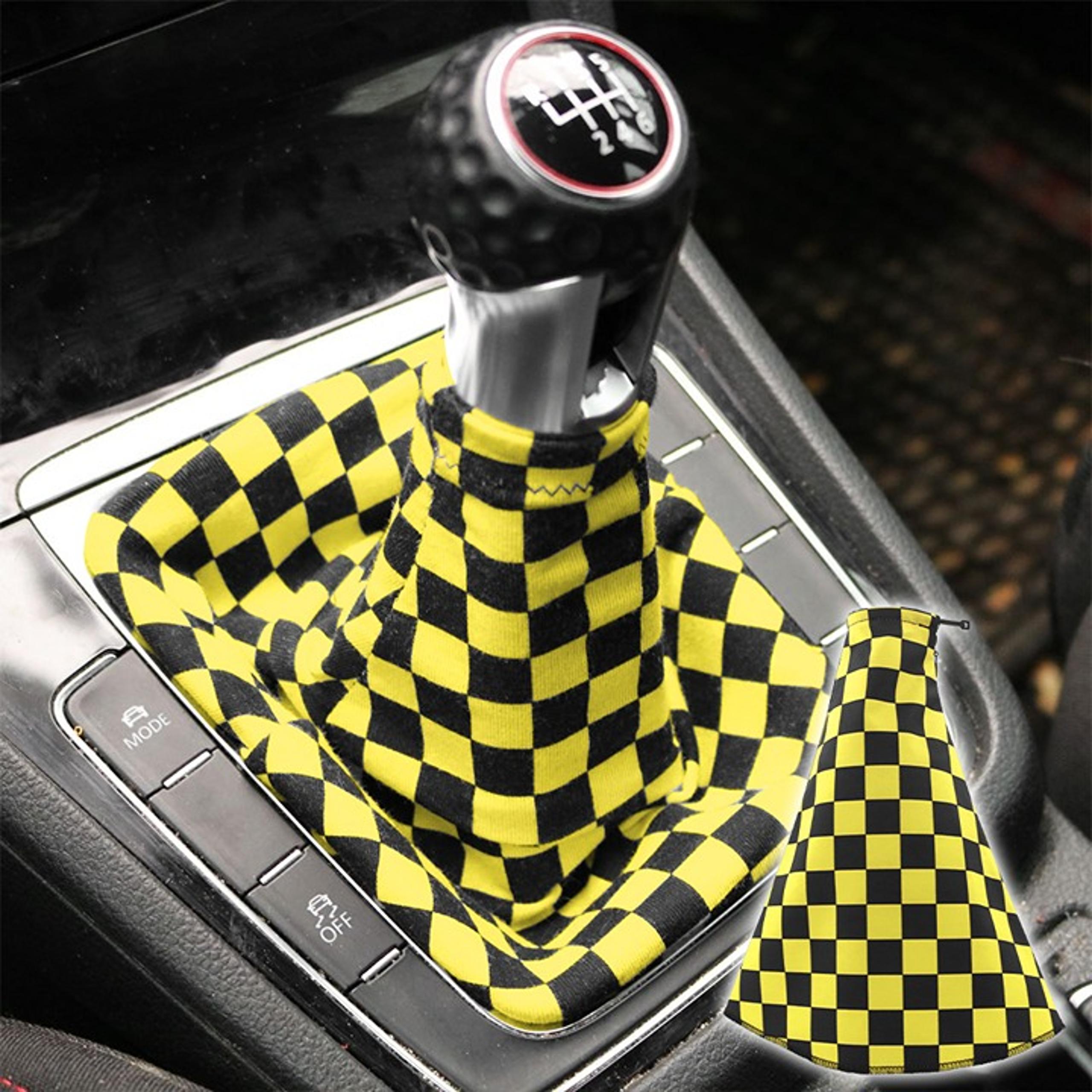 Brand New Universal Checkered Yellow Black Fabric Gear Manuel Shift Boot Cover