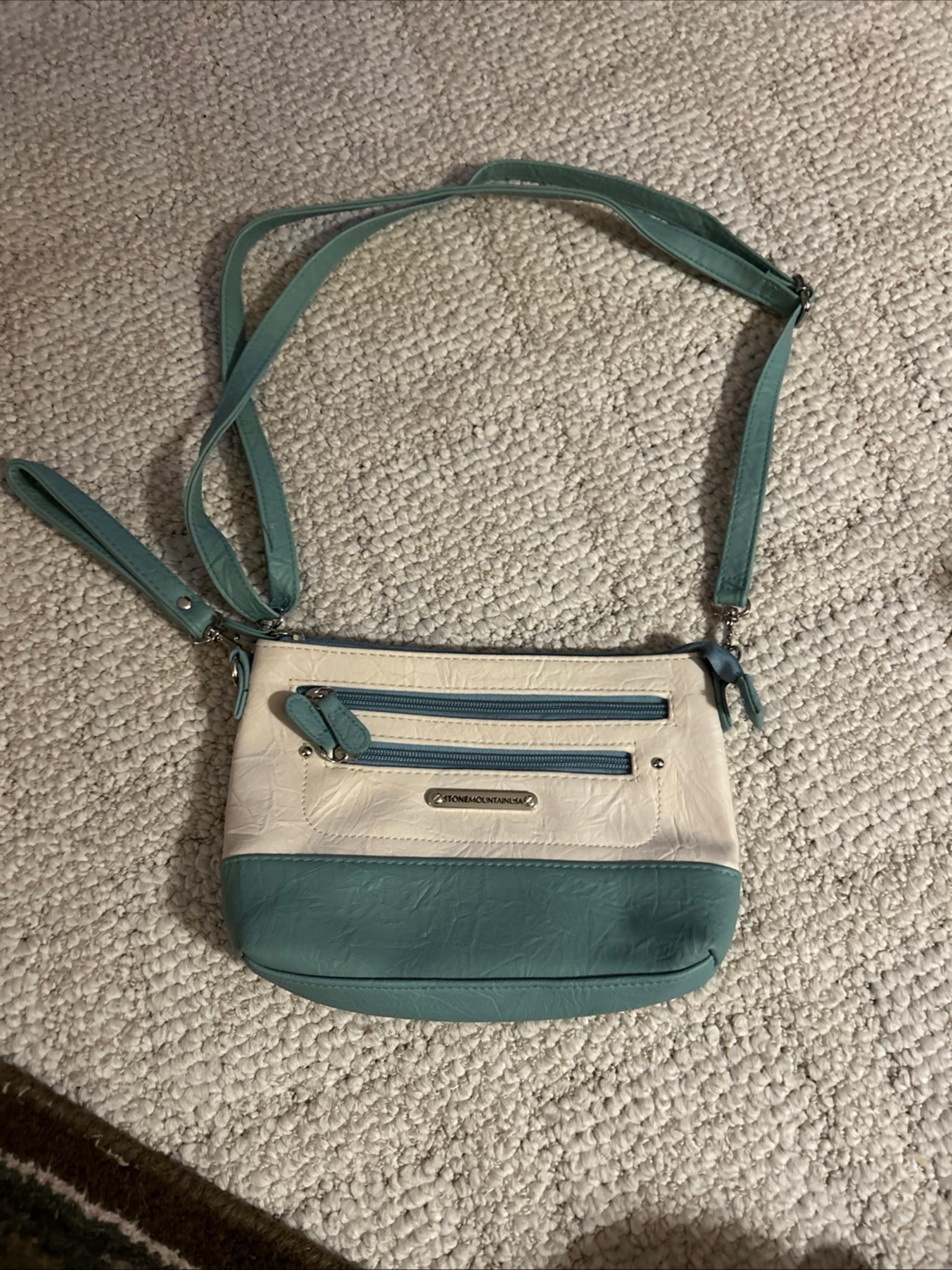 Stone Mountain Cream and Aqua Leather Crossbody Bag with Adjustable Strap