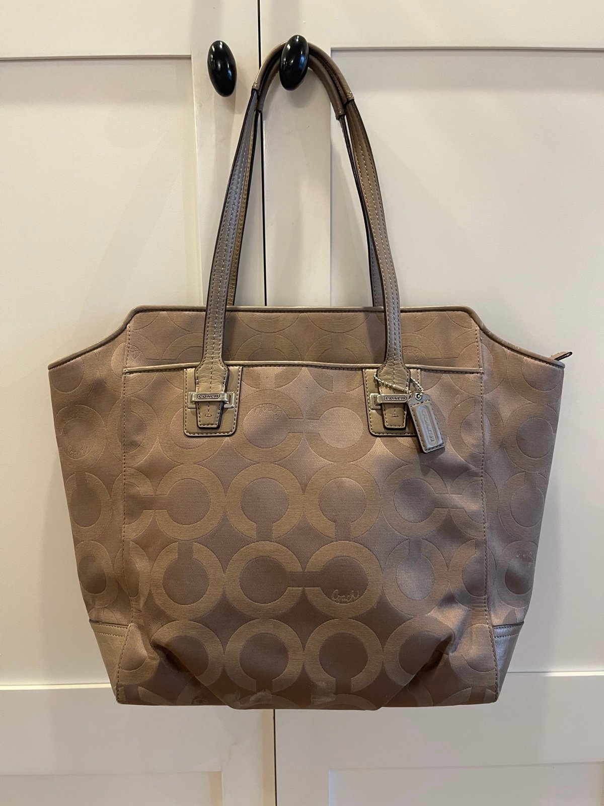 Coach OpArt Signature Brown Canvas Leather Tote Handbag Purse