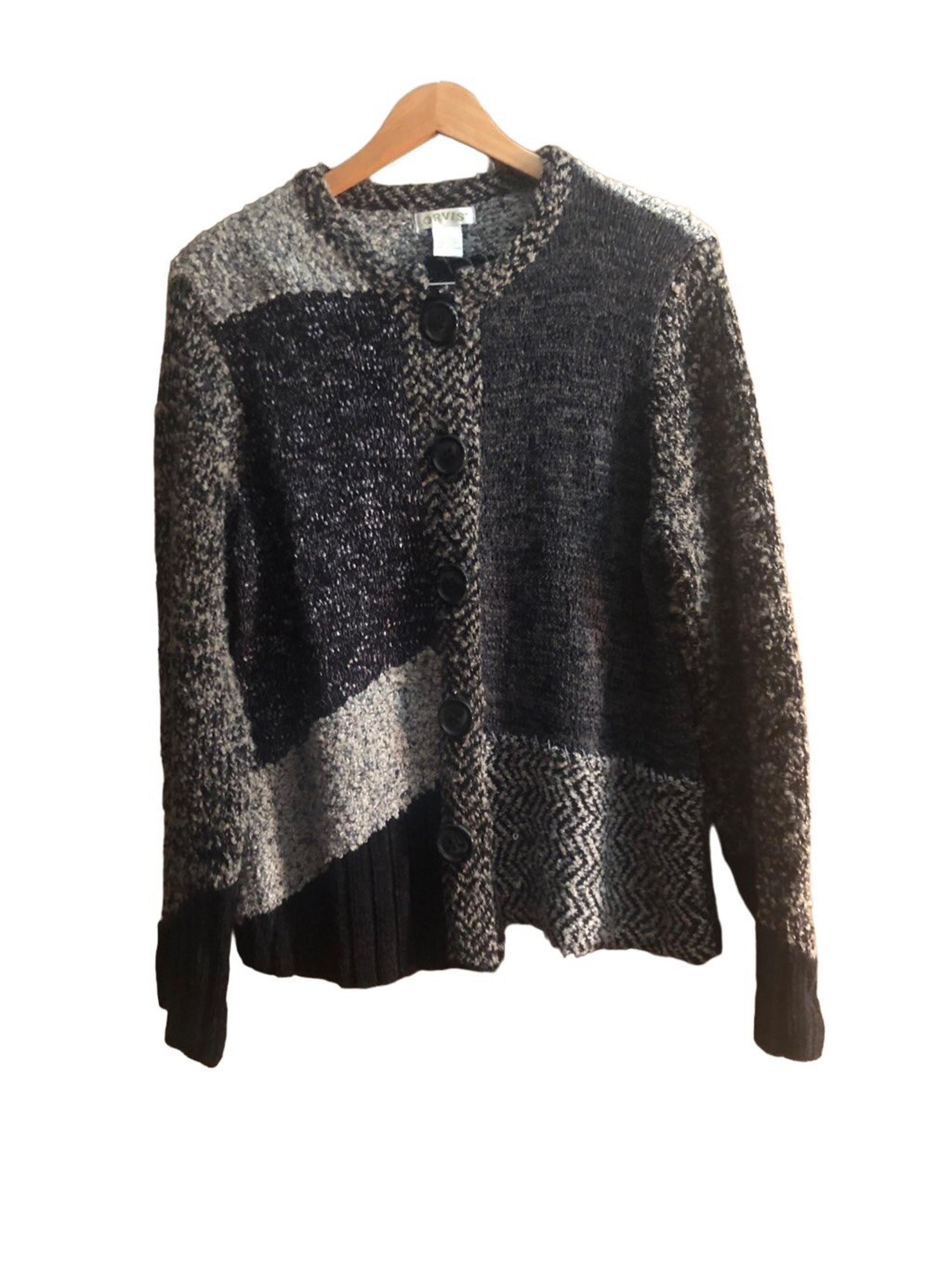 Orvis Women’s Large Abstract Gray And Black Chunky Knit Cardigan Sweater