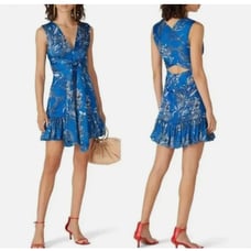 Alexis Dress Womens Small Cassara Blue Floral Mini Tie Back V Neck Chiffon