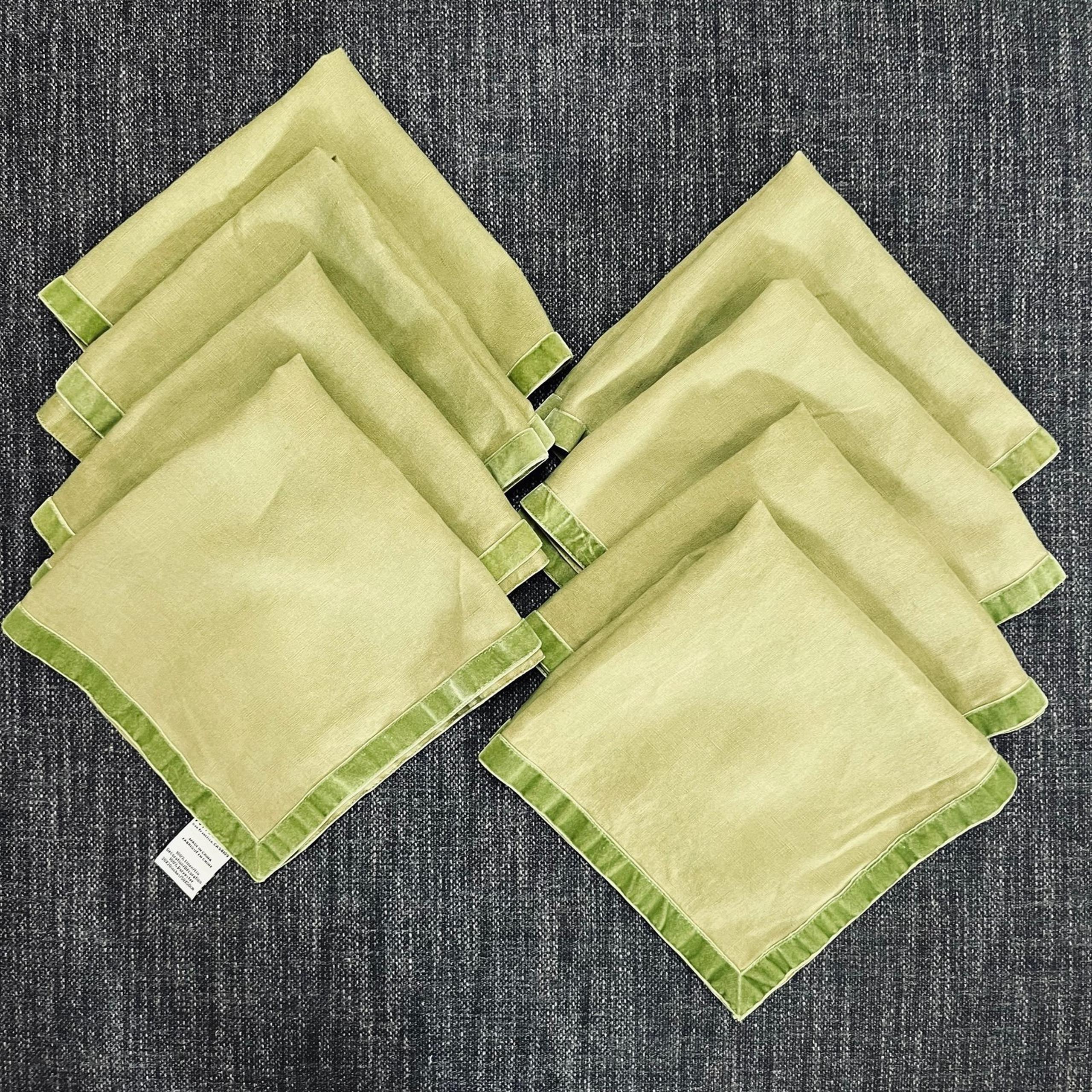 8 Pottery Barn Green Linen, Velvet Trim Napkins