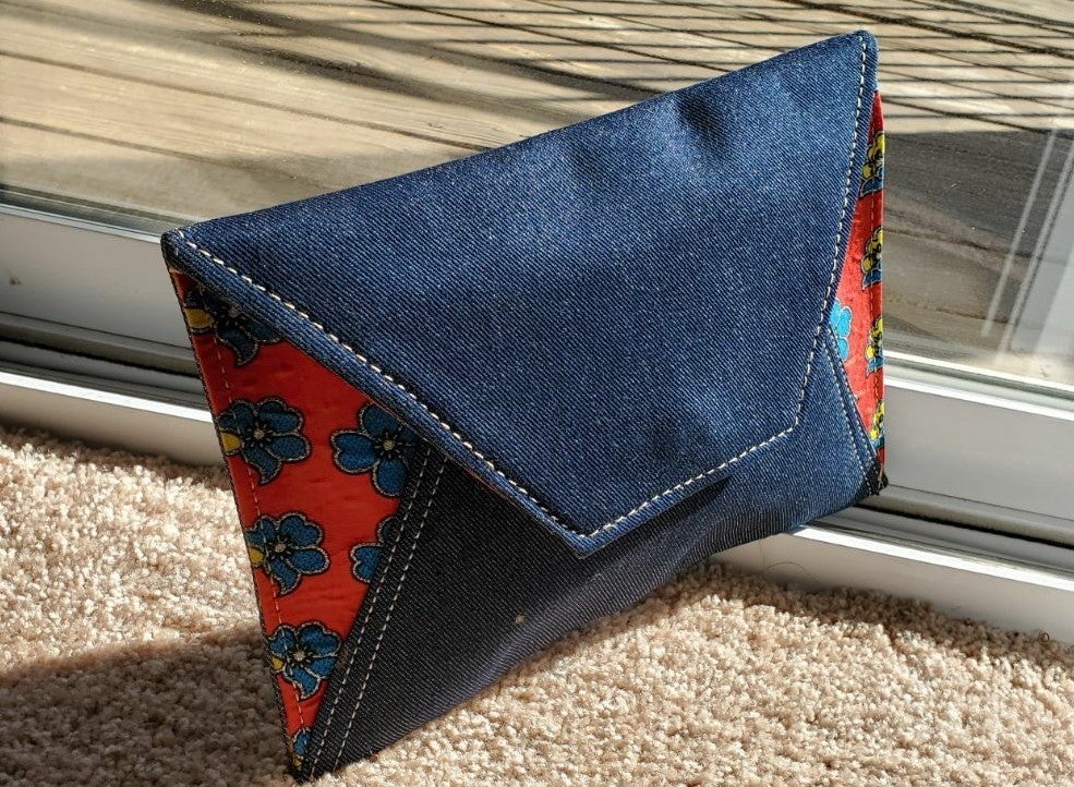 Denim + African Fabric Clutch Purse