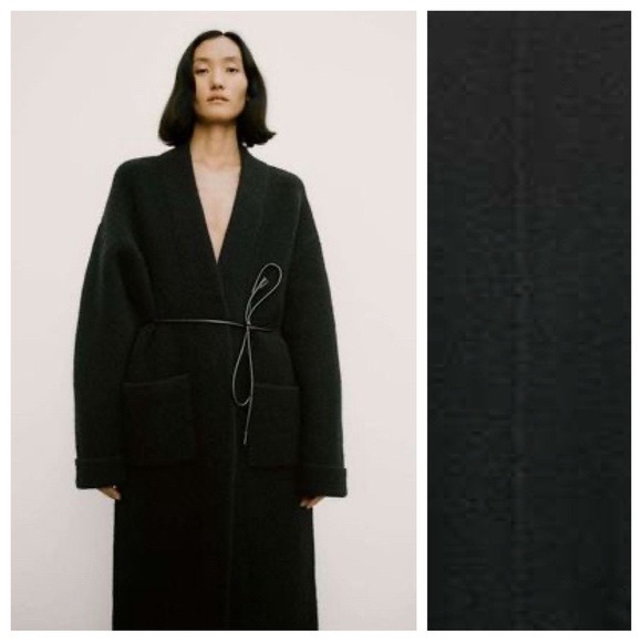 NWT. Zara Black Wool Blend Knit Belted Coat. Size L.