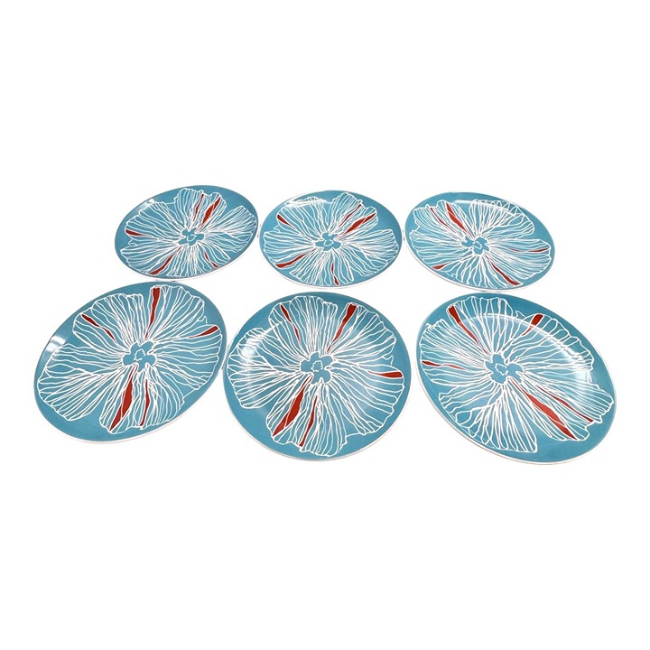 Set Of 6 Ikea Salad Plates With Floral Design Turquoise & Red Porcelain 8.5