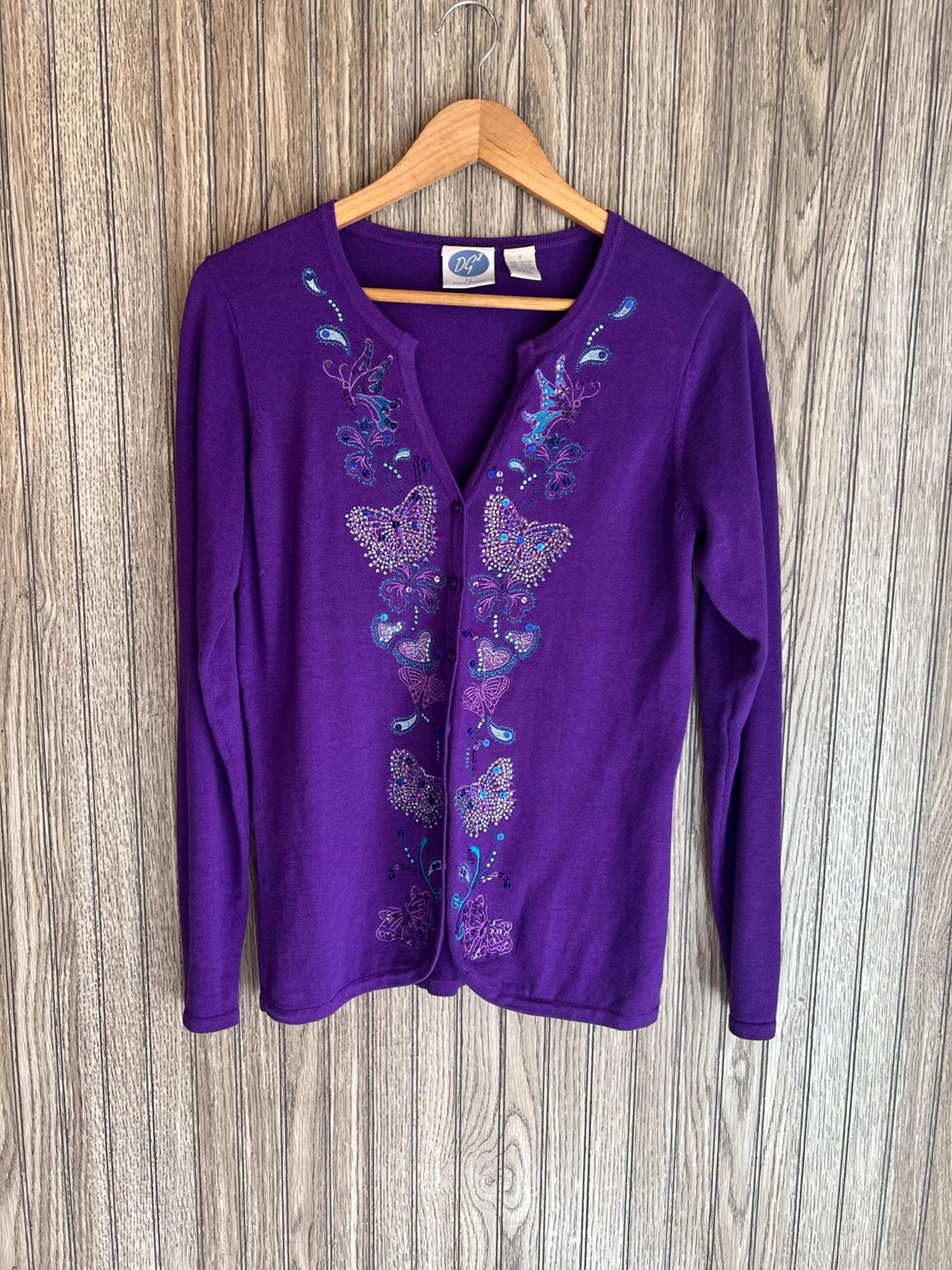 Purple Blue Butterfly Floral Rhinestone Embellished Button Down Cardigan