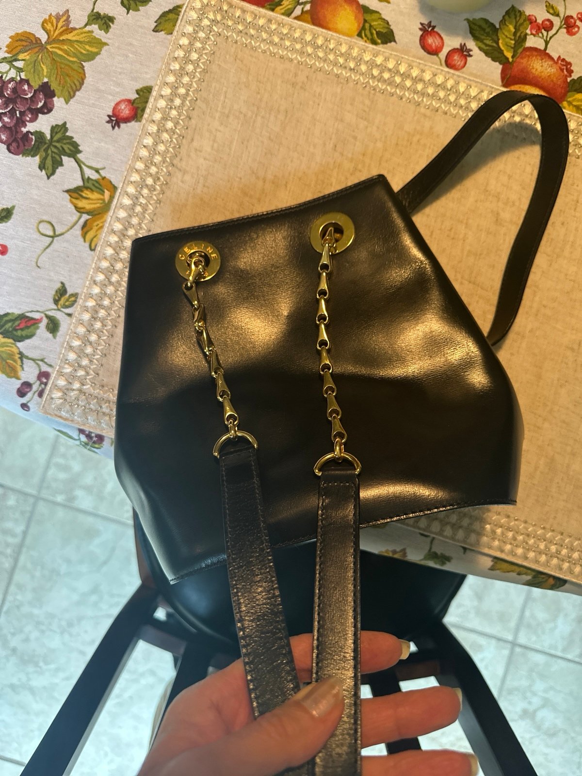 Céline CELINE Authentic Chain Shoulder Bag Navy blue Leather and gold chain