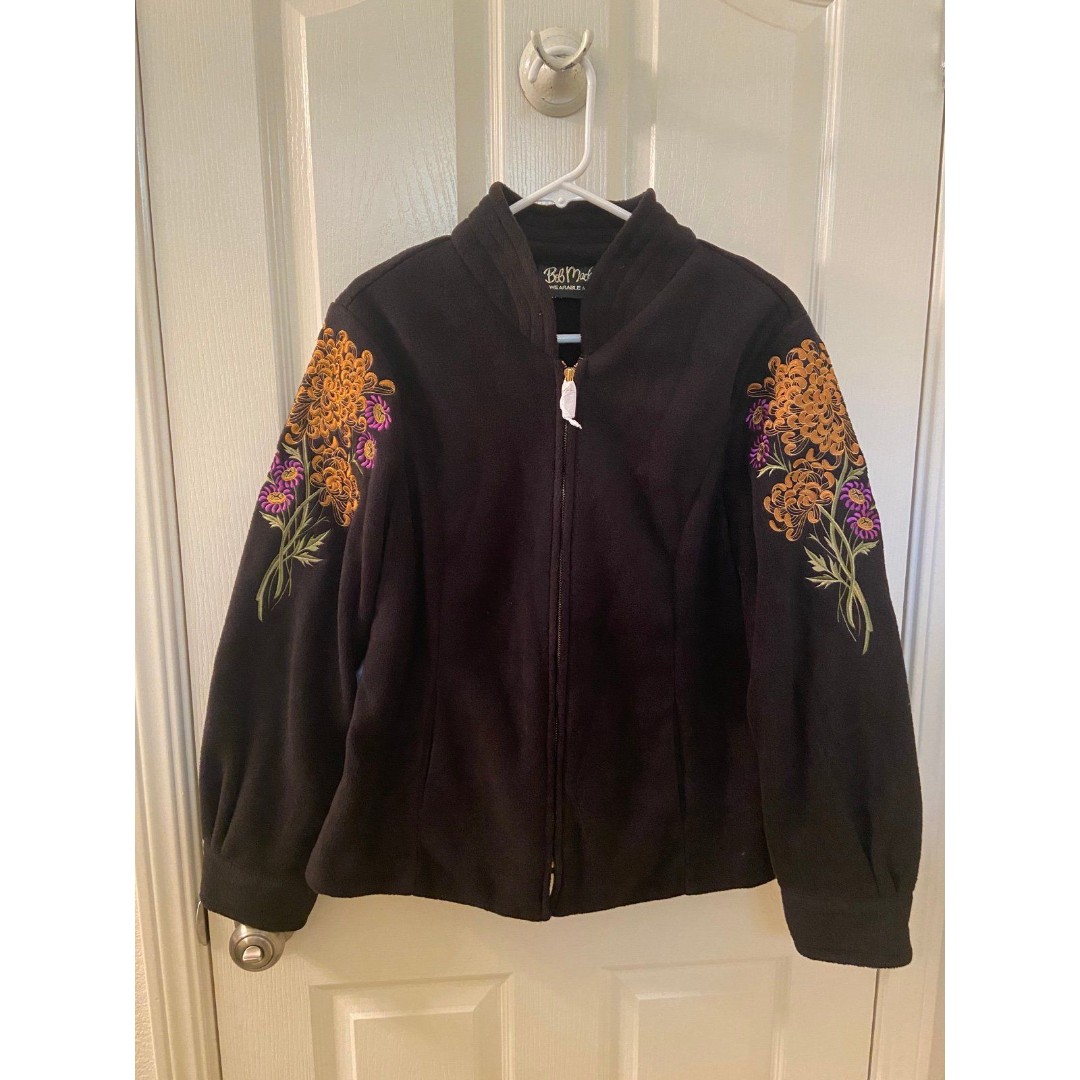 Bob Mackie Wearable Art Fleece Full Zip Jacket Floral Embroidered Women's Size M