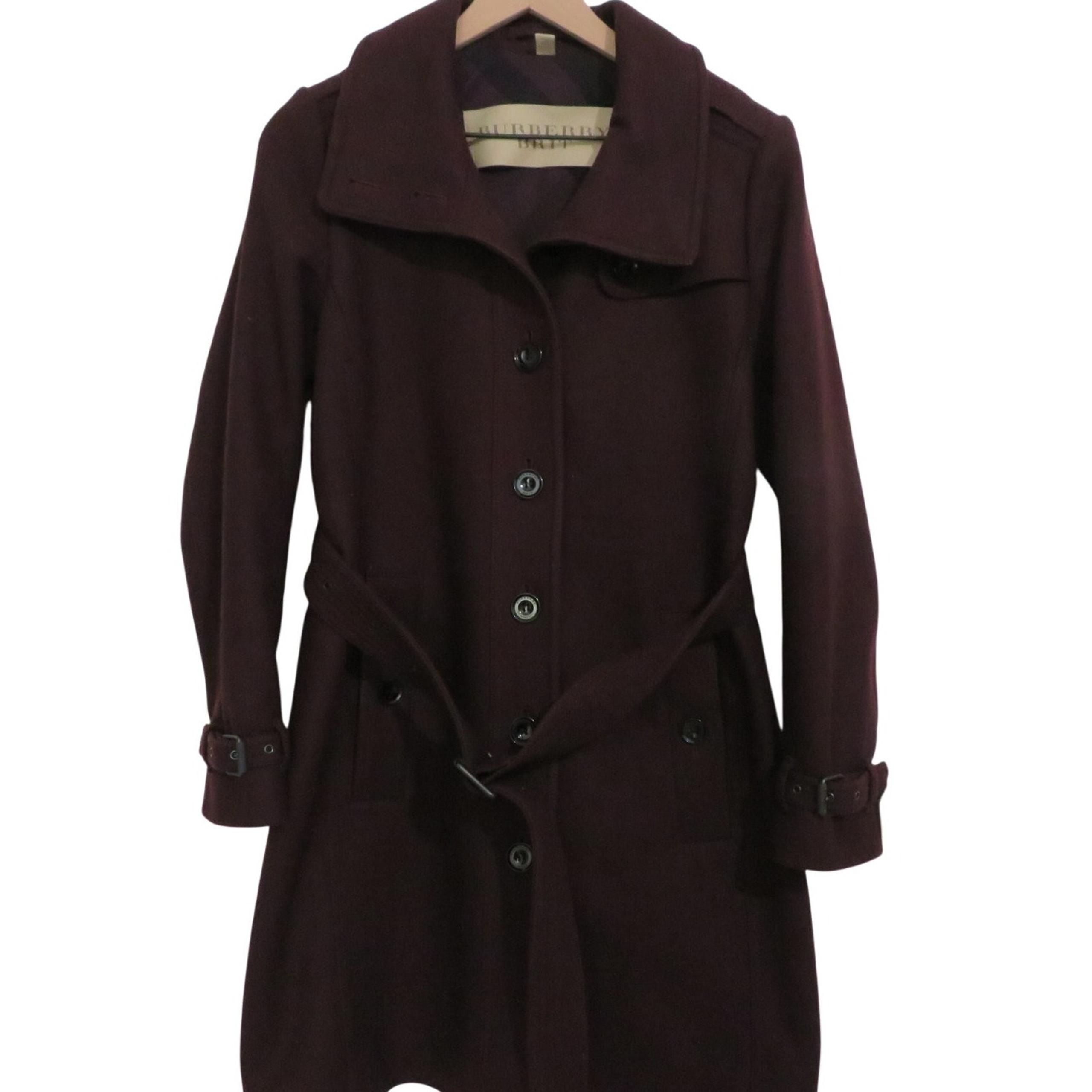 Brit Women Sz 6 Dark Burgundy Virgin Wool Trench Coat Belted Longline - Burberry