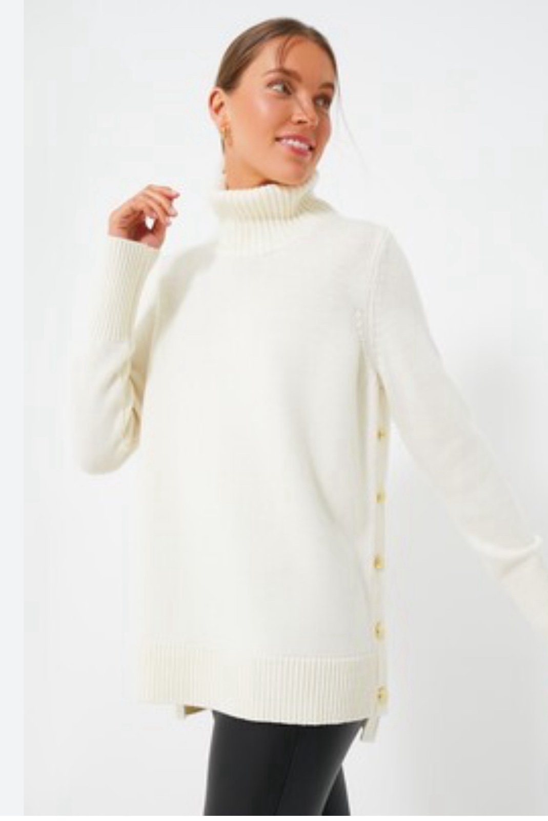 Tuckernuck Winter White Sophia Sweater Cream 100% Wool Turtleneck Gold Button L