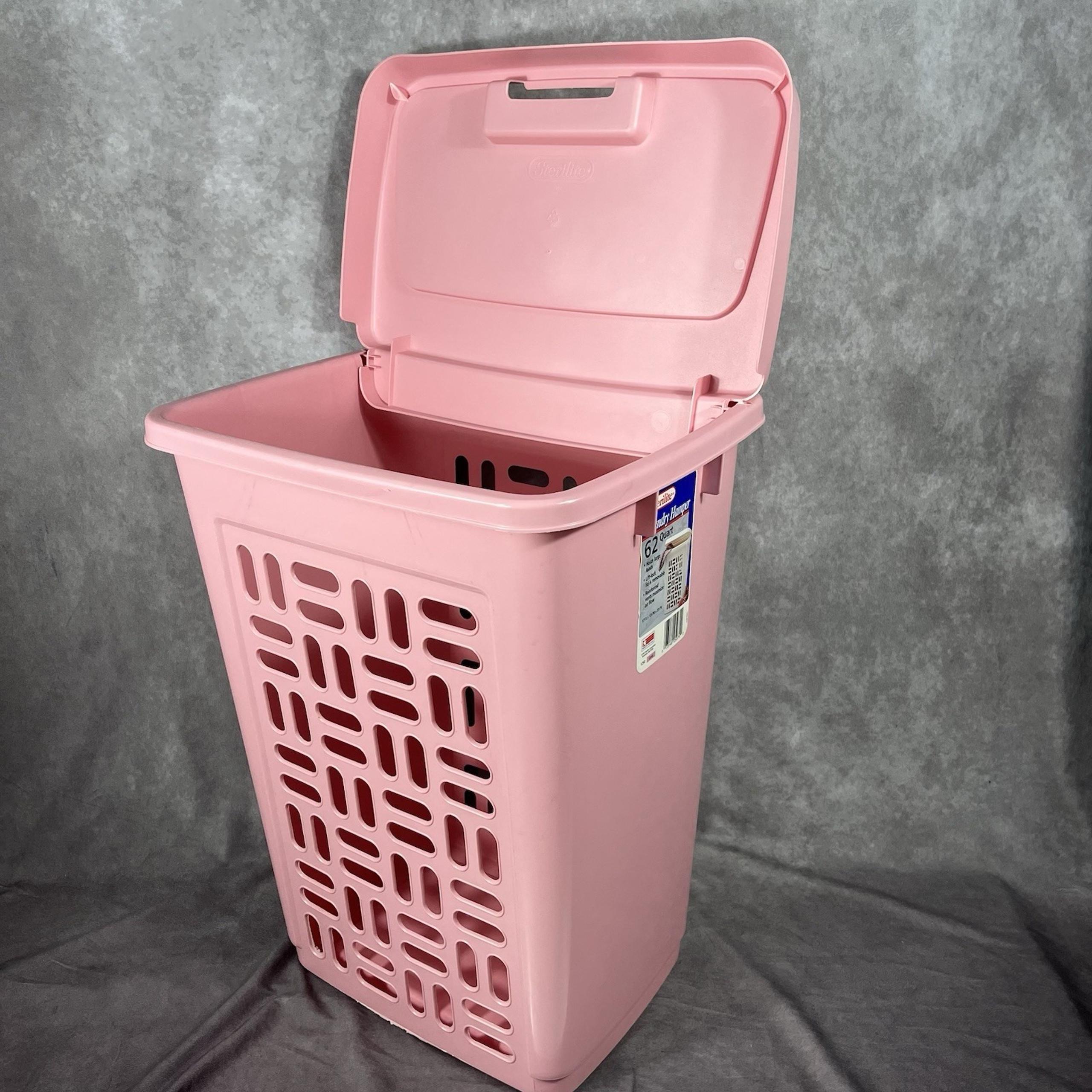 Vtg 90s Laundry Hamper Pink Plastic Tall 62 Qt Removable Flip Lid EUC - Sterilite