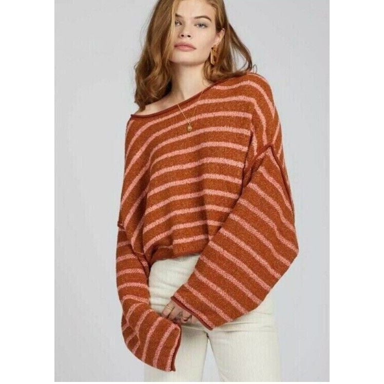 Free People Bardot Stripe Boho Cropped Long Sleeve Sweater Brown Motif Small