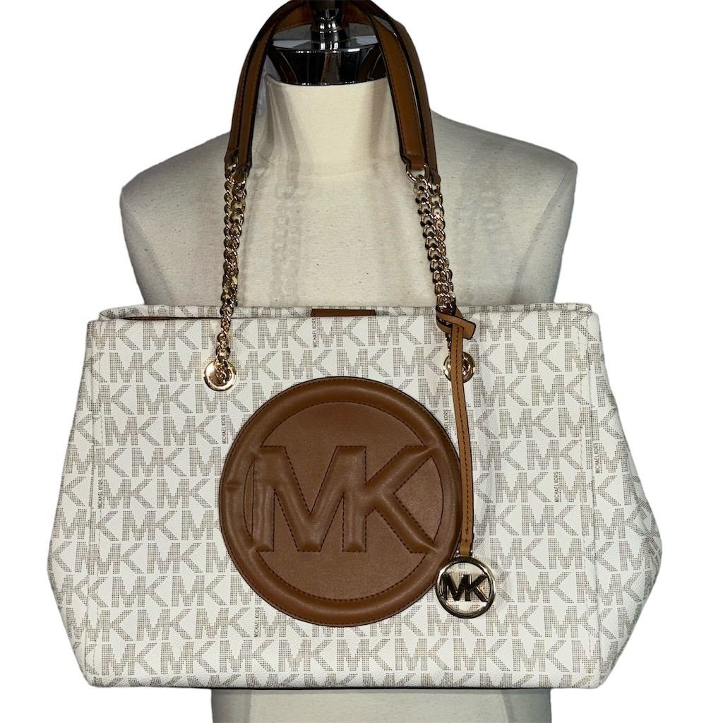 Michael Kors Women's Brynn Large Tote Bag Vanilla/Luggage Chain Shoulder Handbag