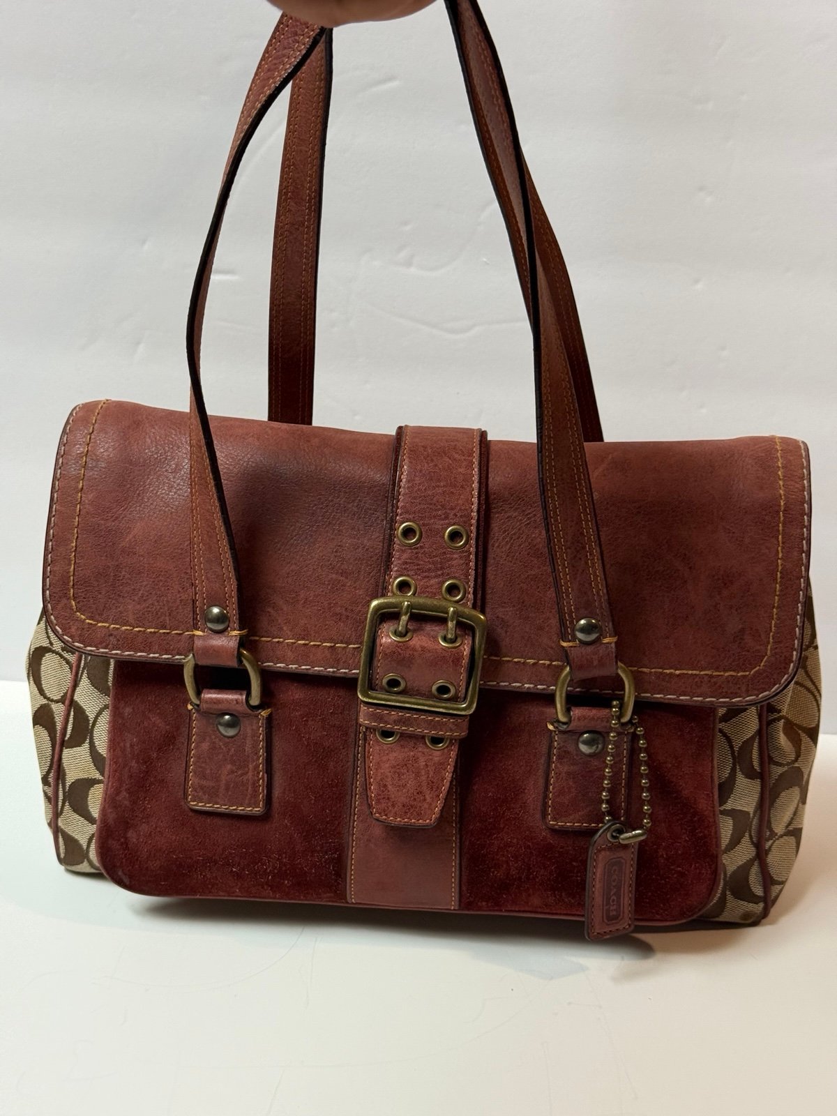 COACH SIGNATURE BURGUNDY SUEDE / LEATHER SATCHEL PURSE