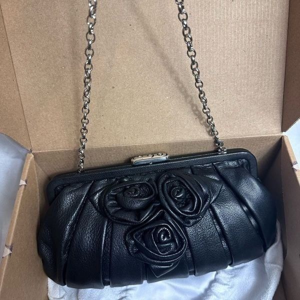 Brighton Black Rose Leather Bag with gold chain - box and dust bag