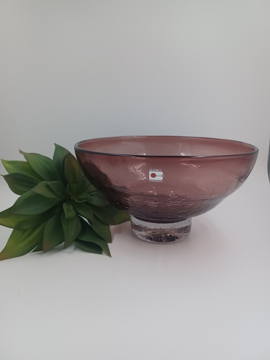 Vintage Blenko Glass Amethyst w/ Clear Pedestal Crackle Bowl